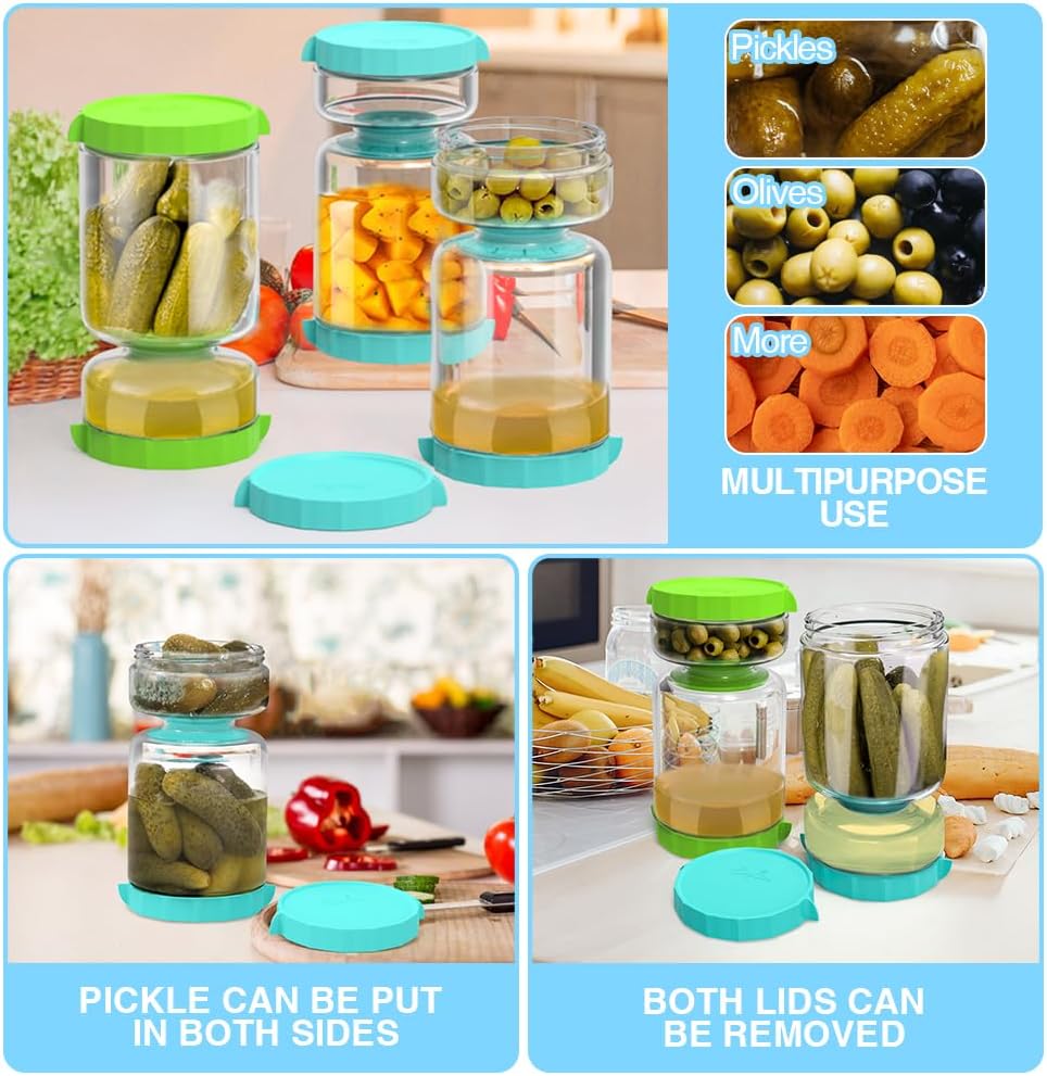SOPHICO Contenedor de vidrio para pepinillos y aceitunas con colador, separador de jugo a prueba de fugas, almacenamiento de alimentos con reloj de