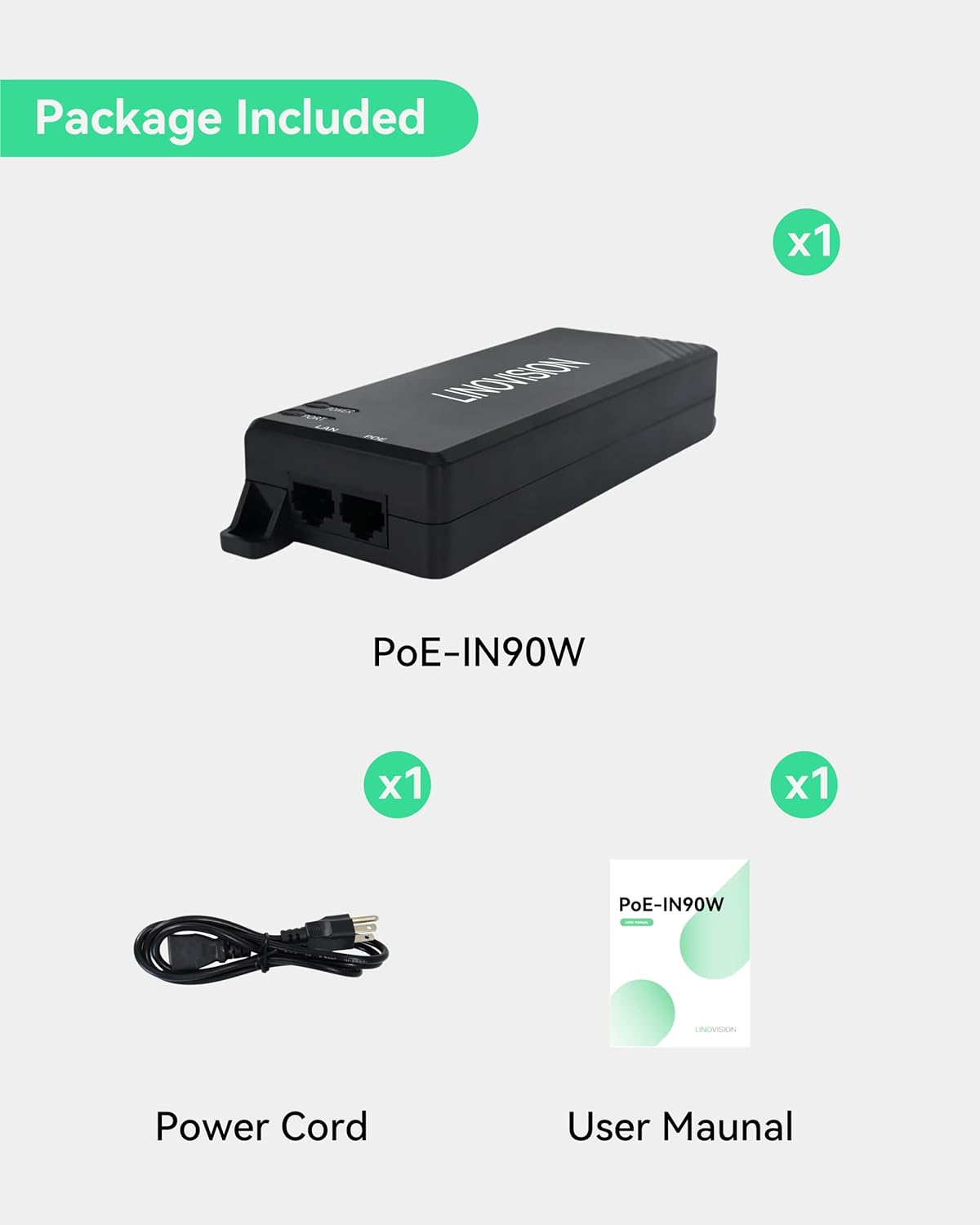 LINOVISION Inyector POE Gigabit 90W, Inyector POE IEEE 802.3afatbt, Inyector PoE++ de un solo puerto, 101001000Mbps Hi-POE Midspan, Inyector de