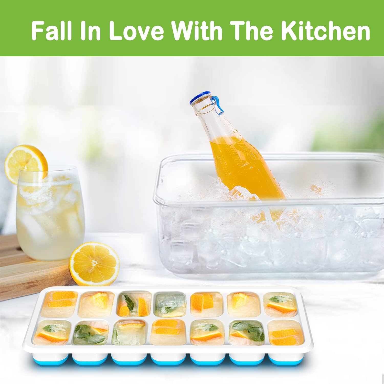 Bandejas de cubitos de hielo para congelador, bandeja de hielo de silicona, bandeja de hielo de fácil liberación con tapa apilable y resistente a