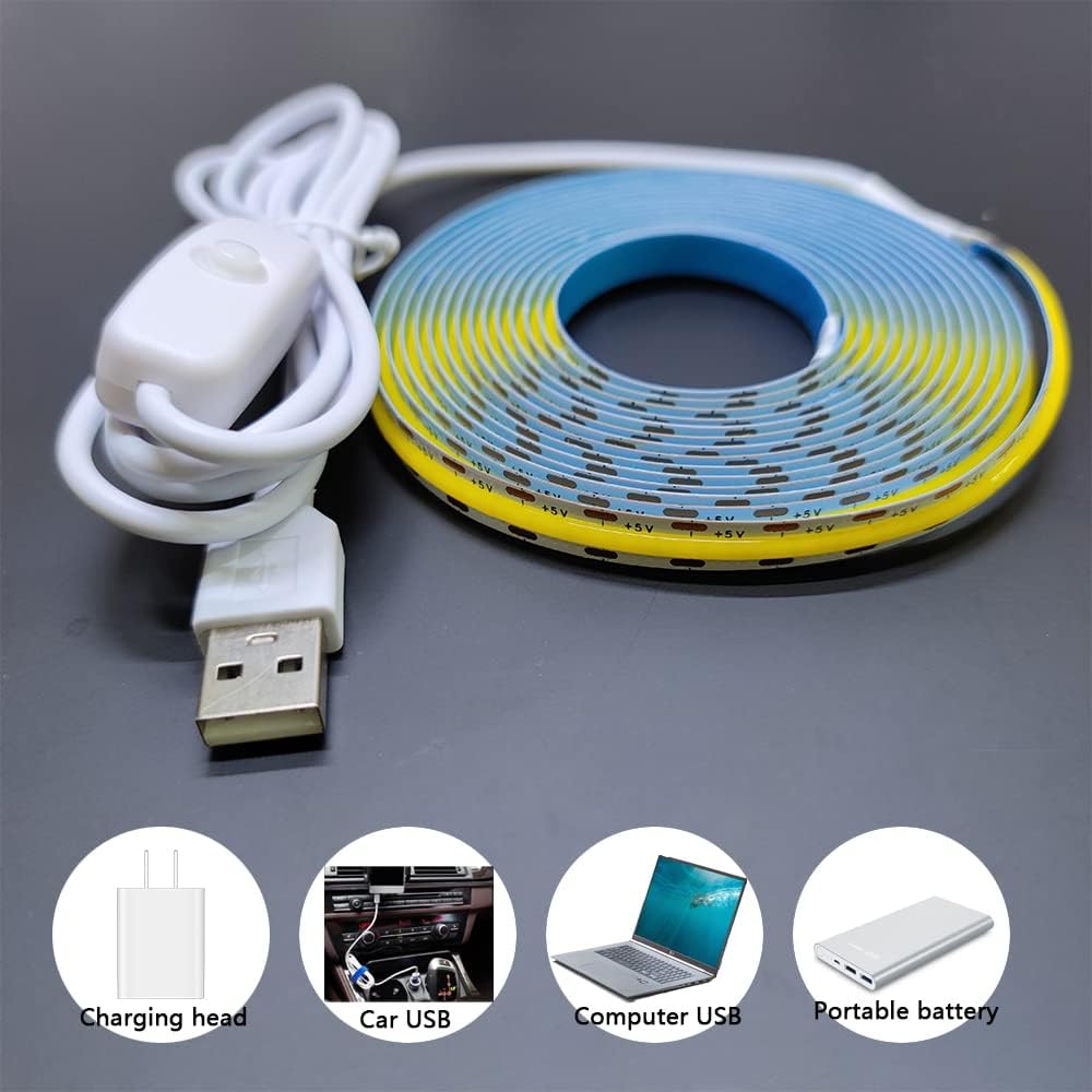 COB Tira de luz con interruptor USB 5V Highlight LED luz para dormitorio, 6.56 pies (6.6 ft), 600 LED, impermeable, flexible, autoadhesiva, luz para