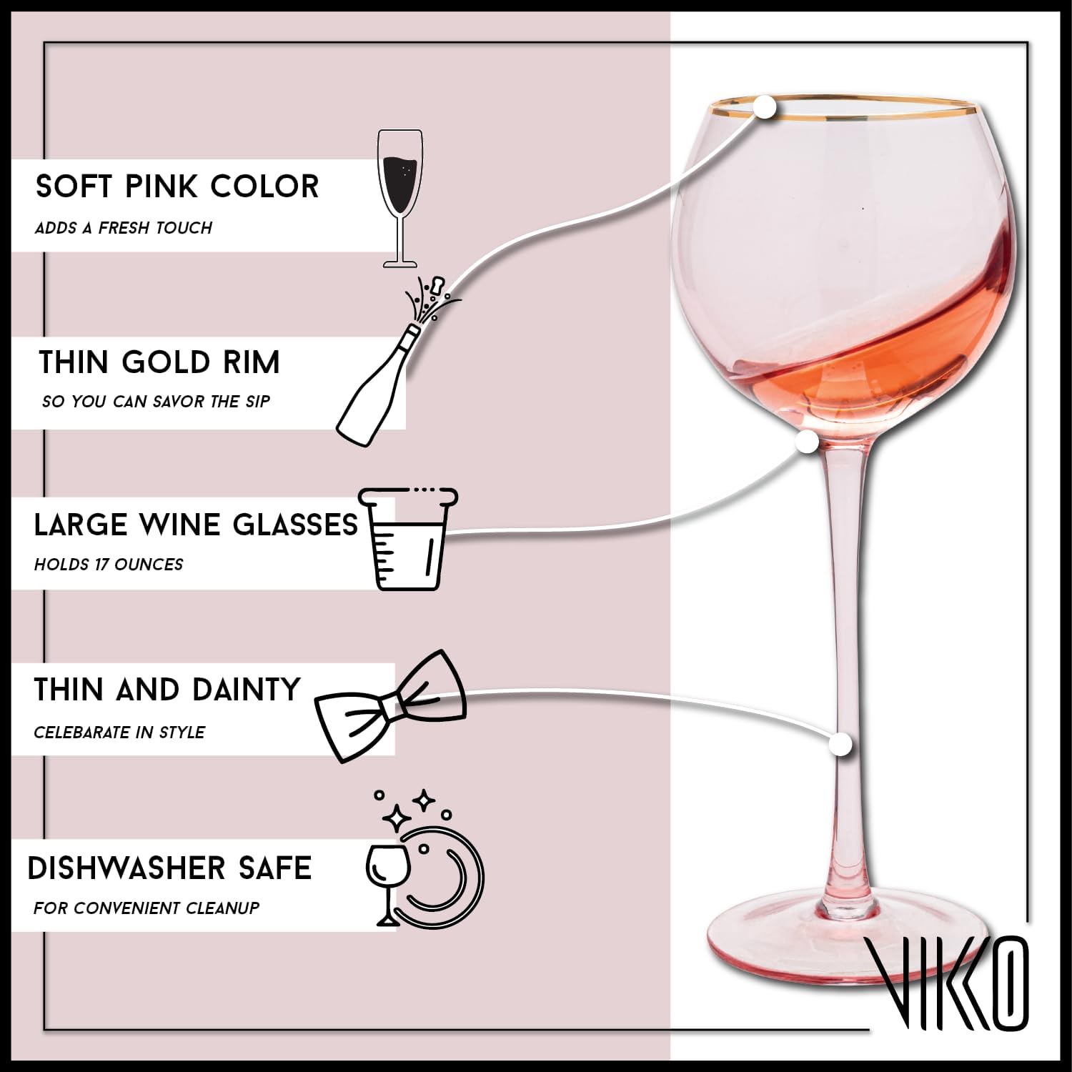 Vikko Copas de vino, copa de vino rosa de 17 onzas con borde dorado, juego de 4 copas de vino con tallo para vino tinto y blanco, copas de vino de