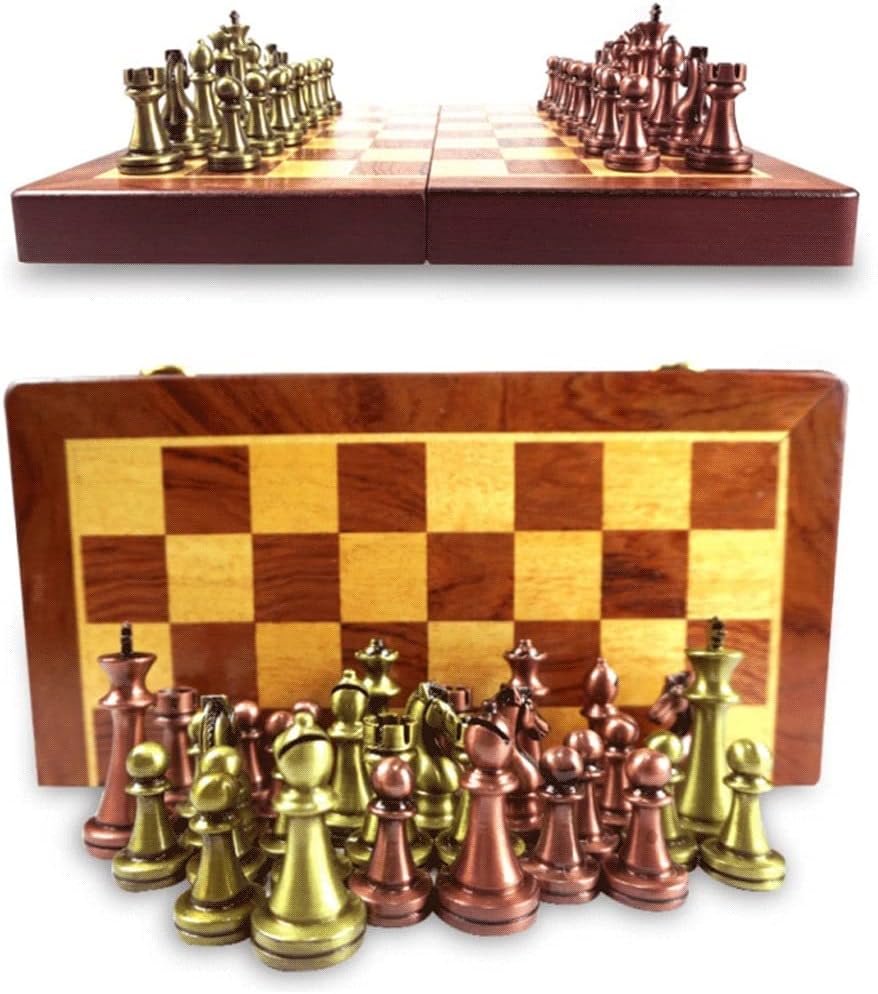 Juego de ajedrez plegable de metal con almacenamiento para piezas de ajedrez de metal chapado en cobre retro, juego de mesa de regalo