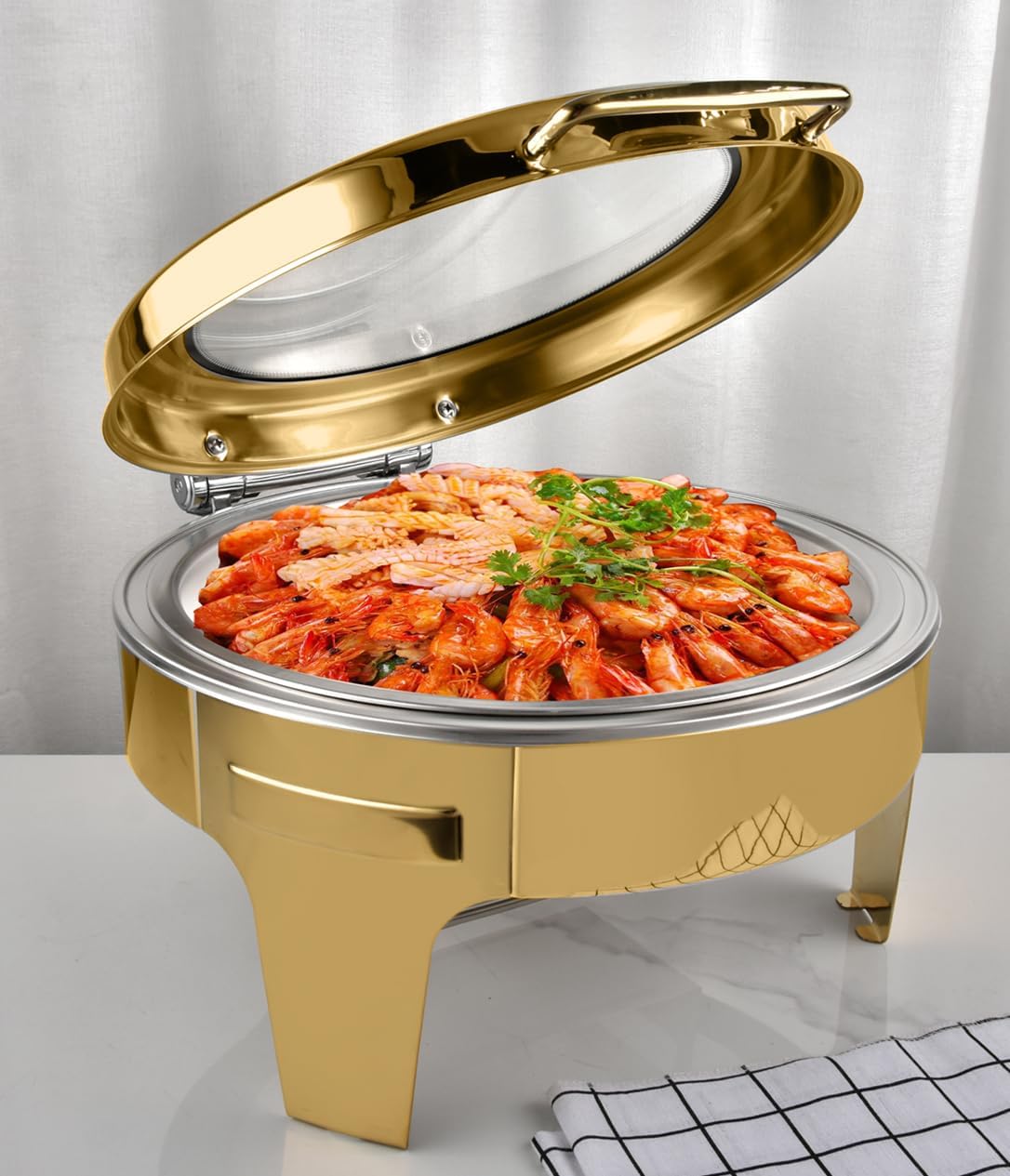 Juego de platos redondos dorados de 6.8 cuartos de galón, de acero inoxidable y calentadores de buffet con bandeja de agua, bandeja para alimentos,