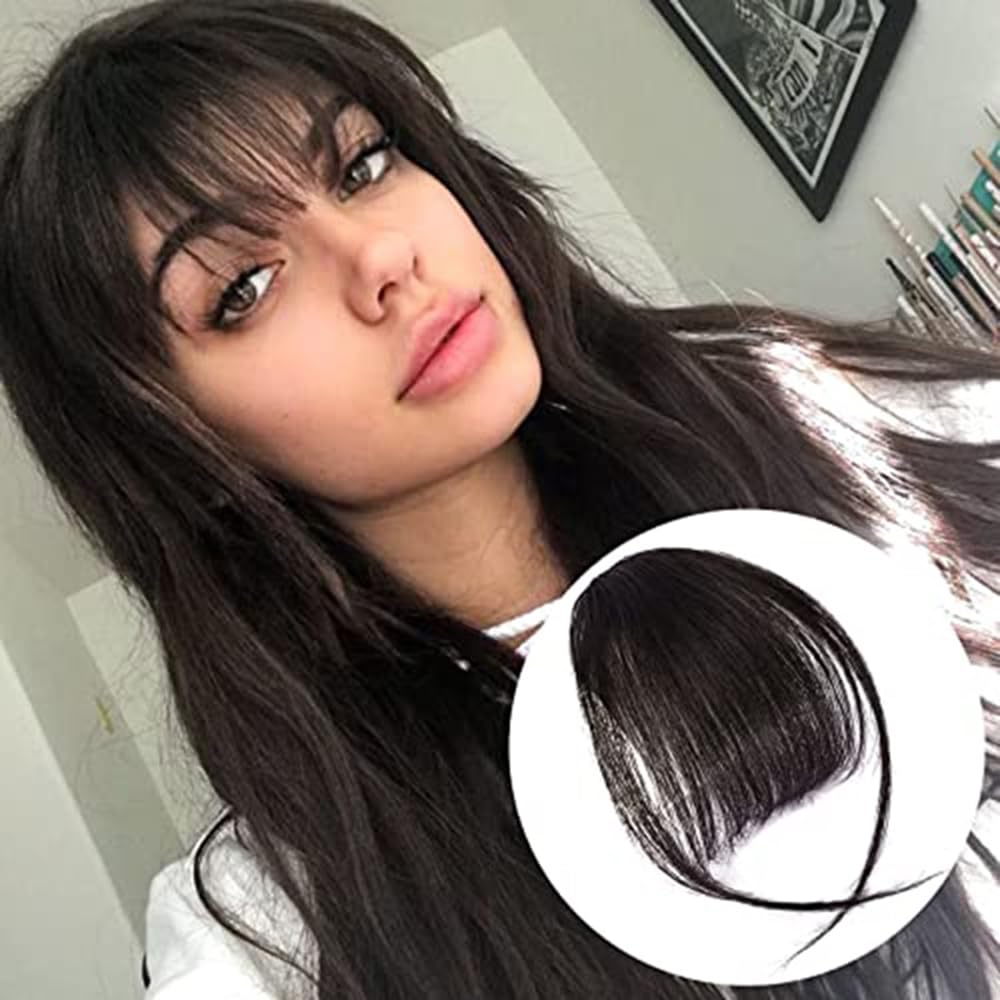 Flequillo con clip de cabello humano real, patillas de flecos, extensión plana y ordenada para mujeres y niñas, accesorios de uso diario (negro,
