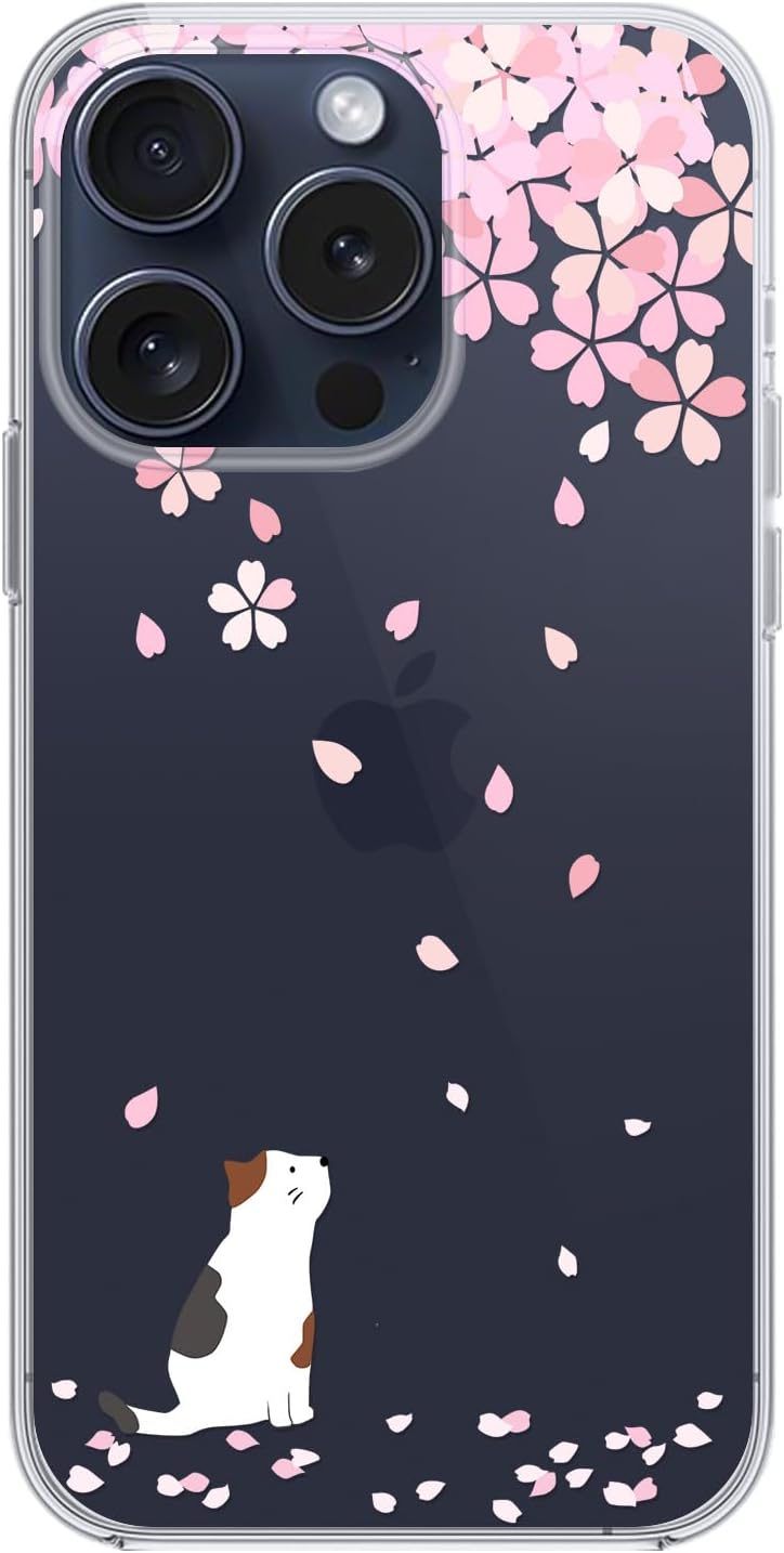 Blingy’s Funda para iPhone 15 Pro, lindo estilo de gato con patrón de flor de cerezo, divertido diseño de animales de dibujos animados, funda