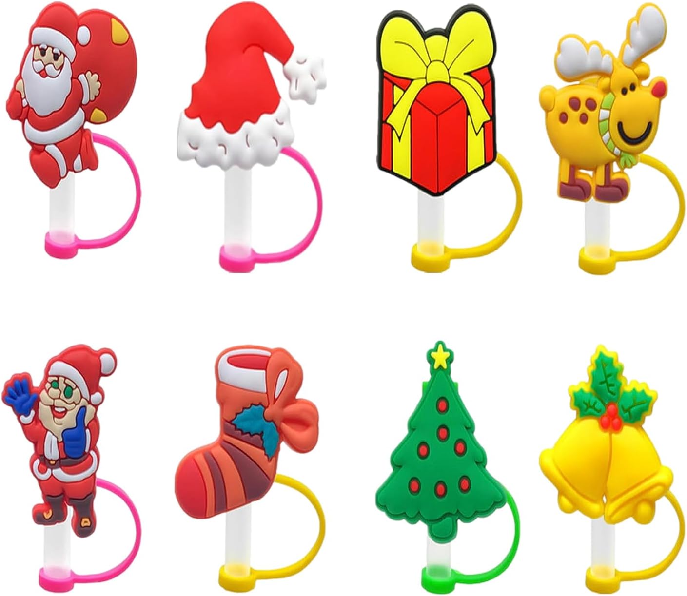 Juego de 8 tapas de popote de Navidad, para popote de 0.276-0.315 in, divertidos, reutilizables, de silicona, compatible con vaso Stanley de 30