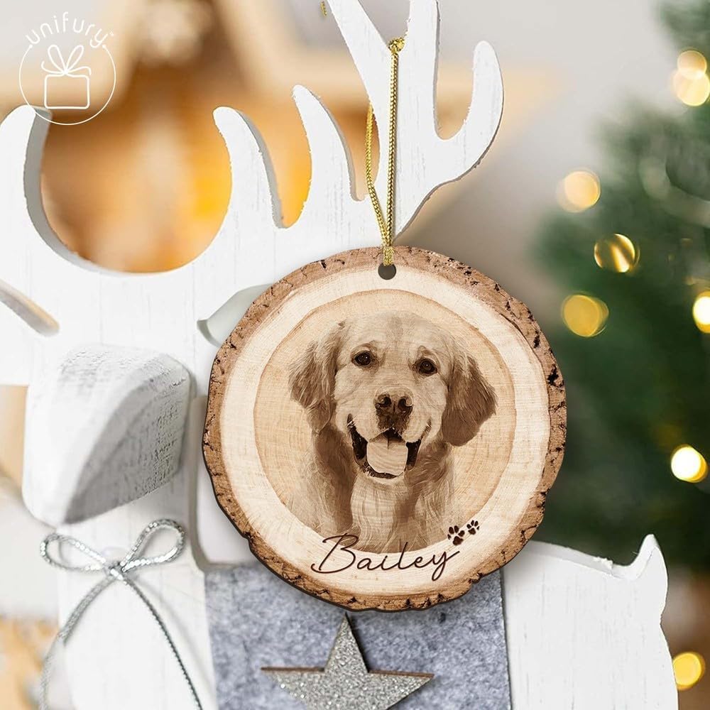 Unifury Adorno de perro personalizado con imagen, adorno de foto de Navidad, adornos de perro en memoria, adornos de madera para mascotas, adorno de
