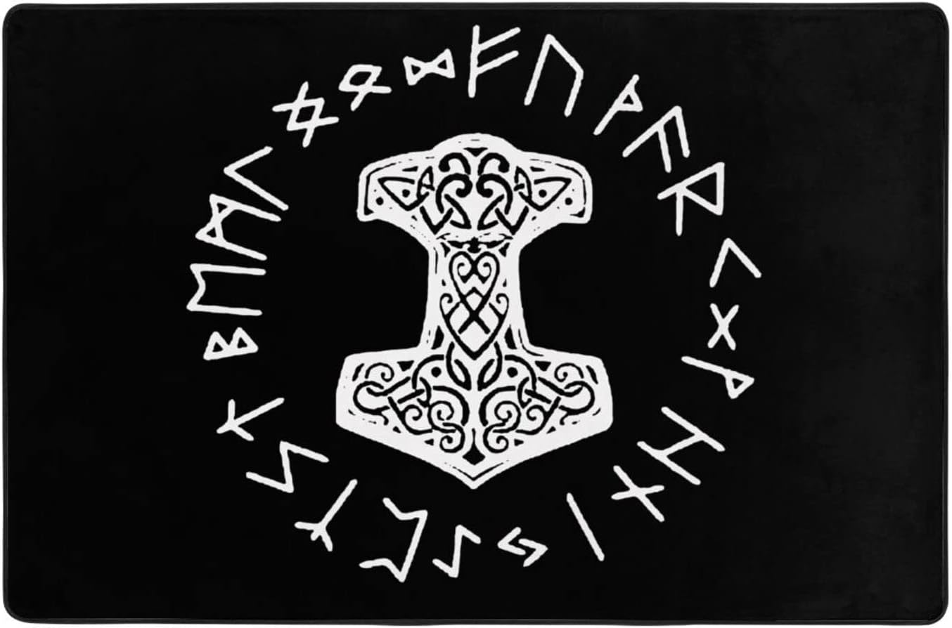 Vikings Mjolnir and Rune Wheel Norse Mythology Symbol Area Rug Living Room Bedroom Kitchen Sofa Bedside Carpet Floor Mats 72″X48″