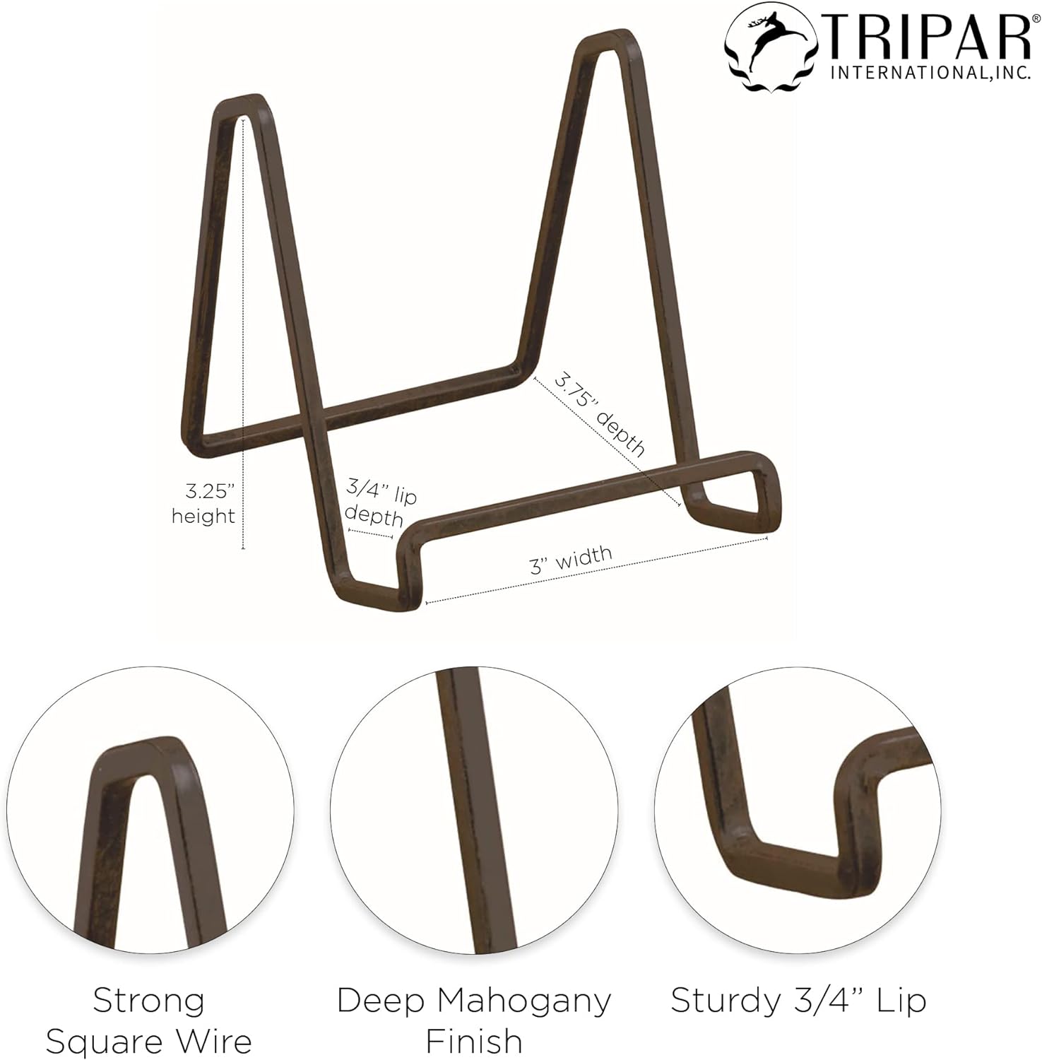 TRIPAR Soporte cuadrado de alambre de metal, acabado de caoba (paquete de 2, 3 pulgadas de profundidad) – Expositor de caballete de mesa – Diseño de