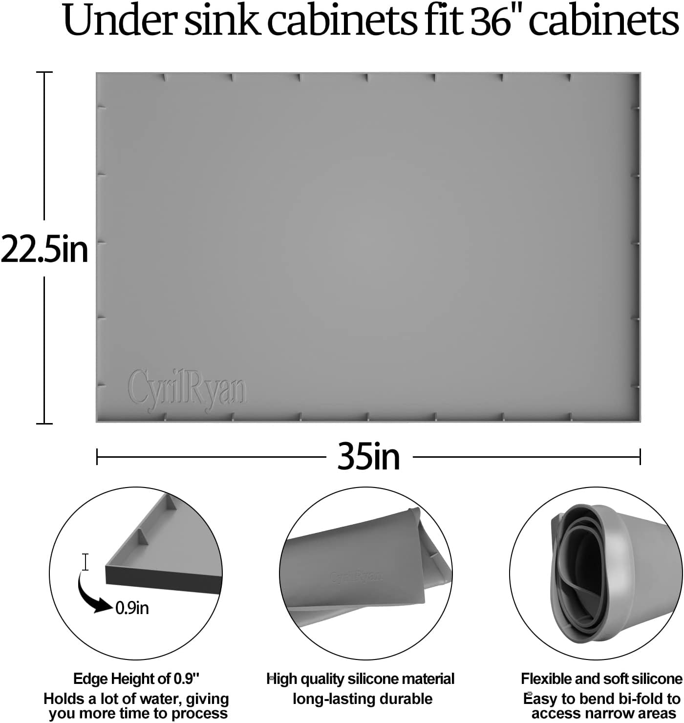 Tapete impermeable para debajo del fregadero para gabinetes de 36 pulgadas, tapete de goma de cocina, soporta más de 3.3 galones, protector de fugas