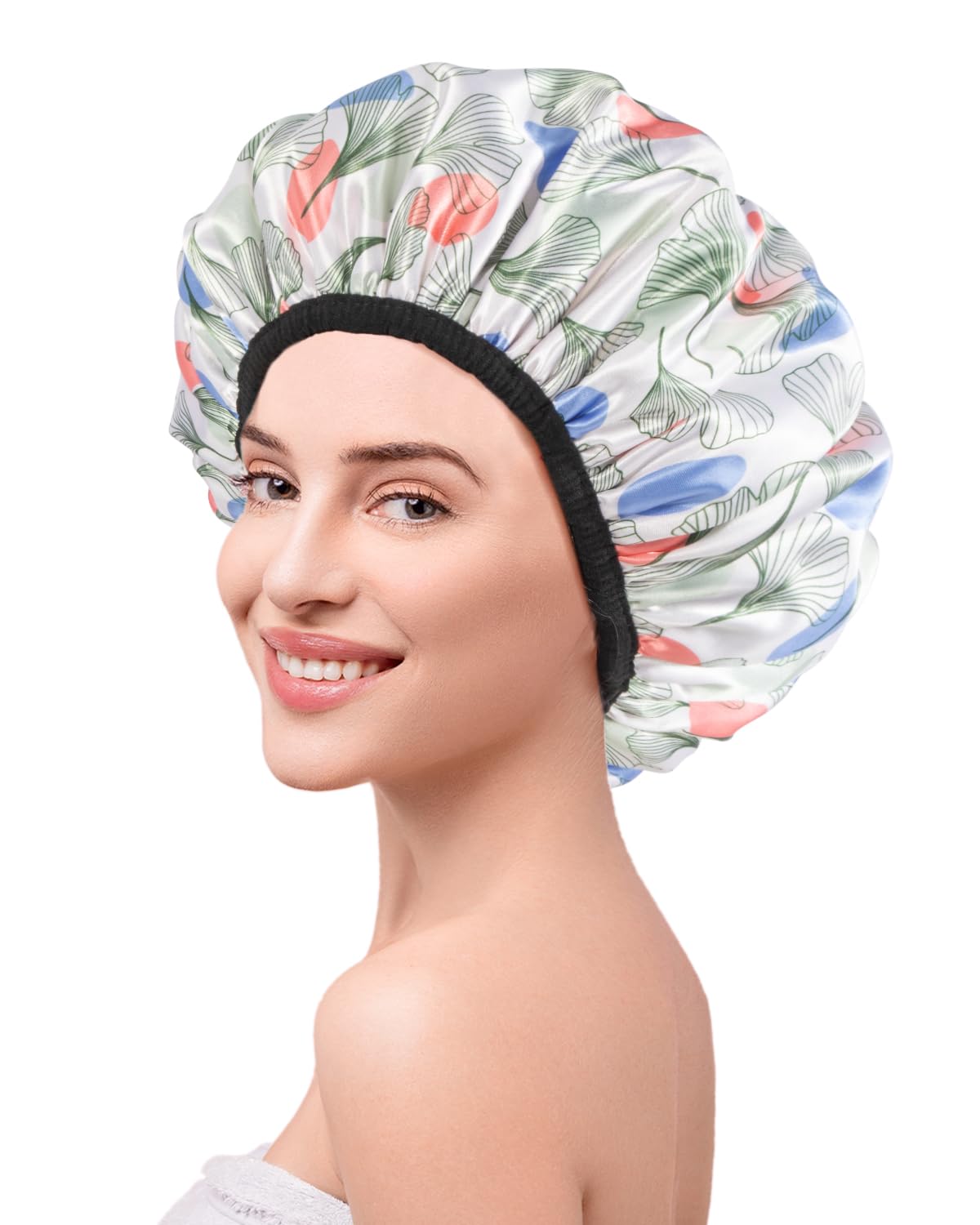 Aquior Gorro de ducha con forro de rizo para mujer, gorro de ducha reutilizable, triple capa impermeable, extra grande para mujeres de pelo largo