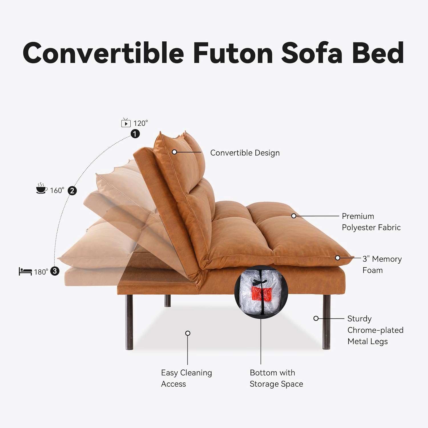 Sofá cama tipo futón convertible, sofá biplaza de espuma viscoelástica de piel sintética marrón, pequeño sofá europeo para espacios de vida