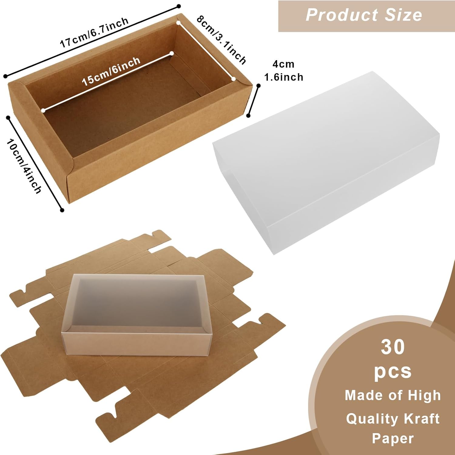 Paquete de 30 cajas rectangulares grandes de papel kraft marrón de cartón, cajas de embalaje resistentes con ventanas de PVC transparente de 6.5 x 4