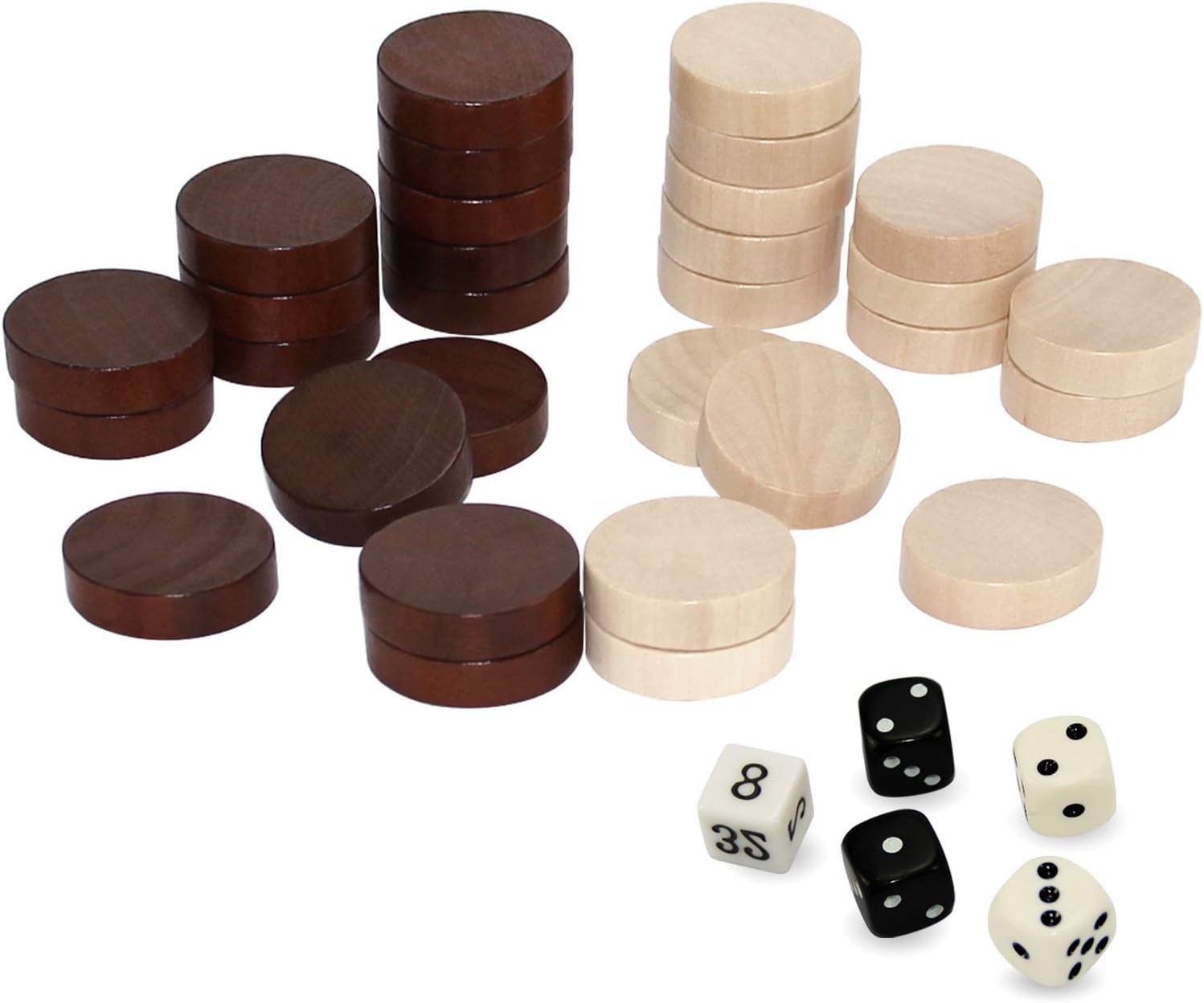 ASNEY Juego de piezas de backgammon de madera, piezas de madera maciza, juego de mesa de juego de mesa y 5 dados, incluye bolsa de almacenamiento