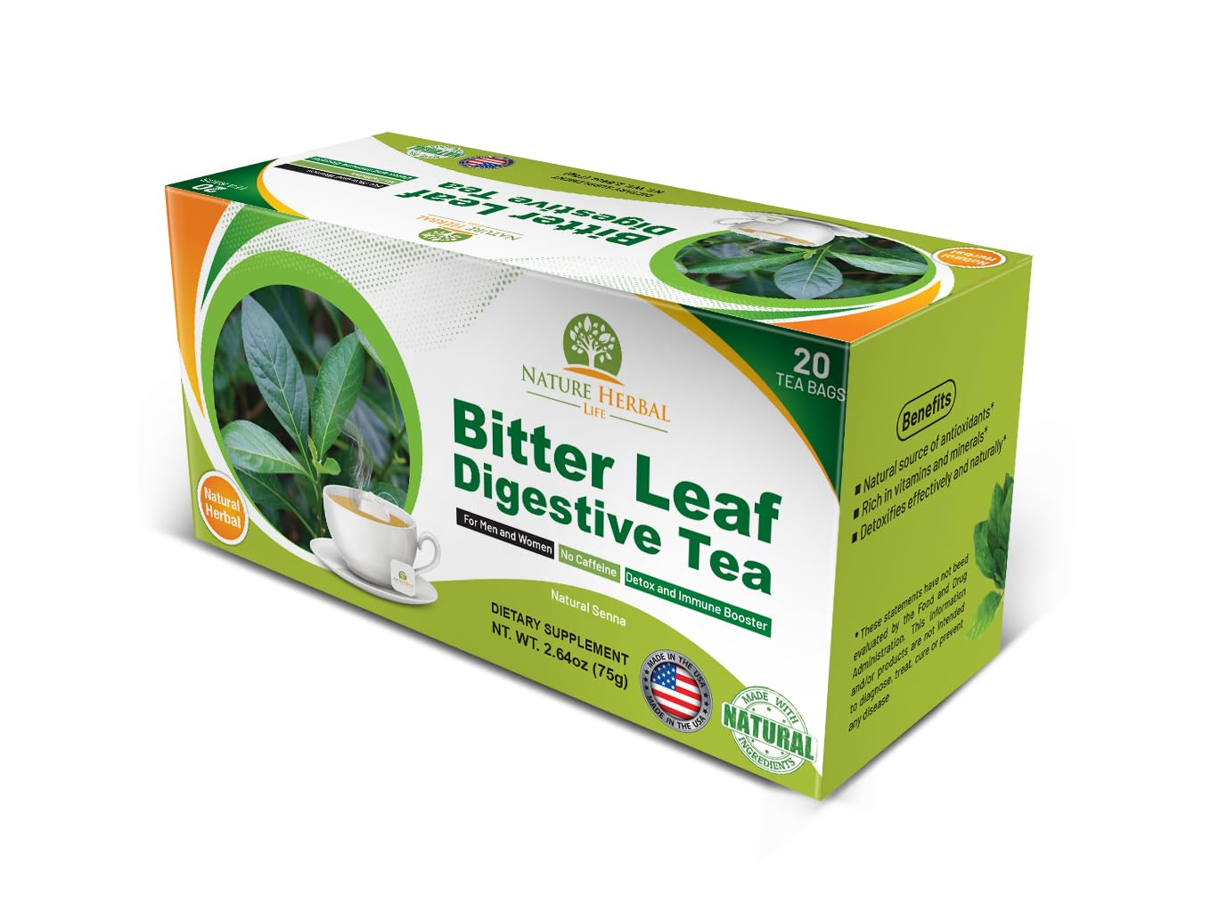 Té digestivo de hoja amarga. Sin cafeína. (20) bolsas de té de hierbas fabricadas en Estados Unidos