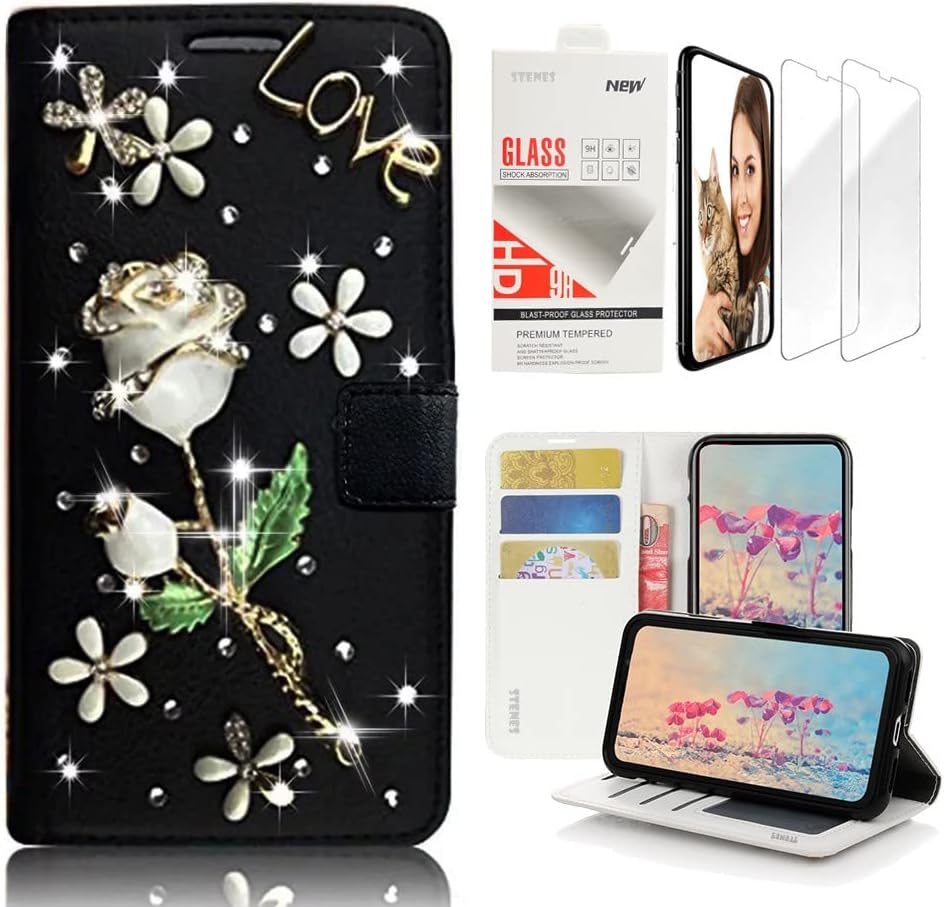 STENES Bling – Funda tipo cartera compatible con Samsung Galaxy Note 9, 3D, hecha a mano, diseño floral, con correa para la muñeca y protector de