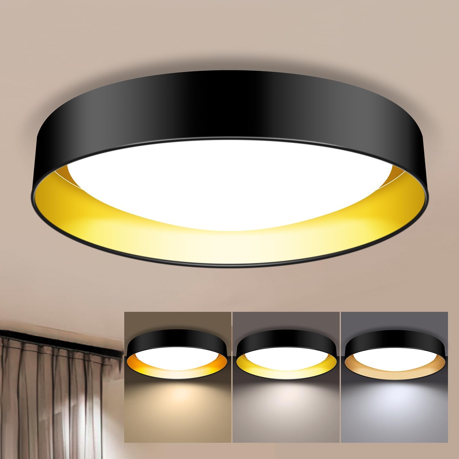 Lámpara de techo LED de montaje empotrado, 12.5 pulgadas, 30 W, equivalente a 375 W, color negro con luz de techo interior dorada regulable – 3CCT