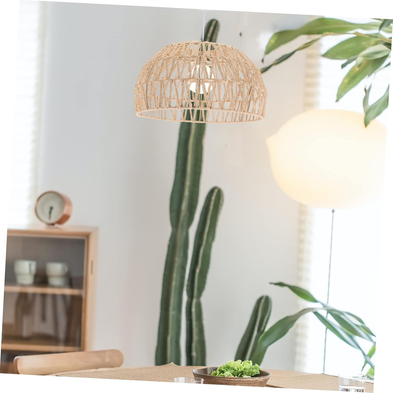 DOITOOL Imitación de ratán cuerda de papel pantalla ratán ventilador de techo cesta mimbre boho lámparas techo tejido lámpara colgante cubierta de