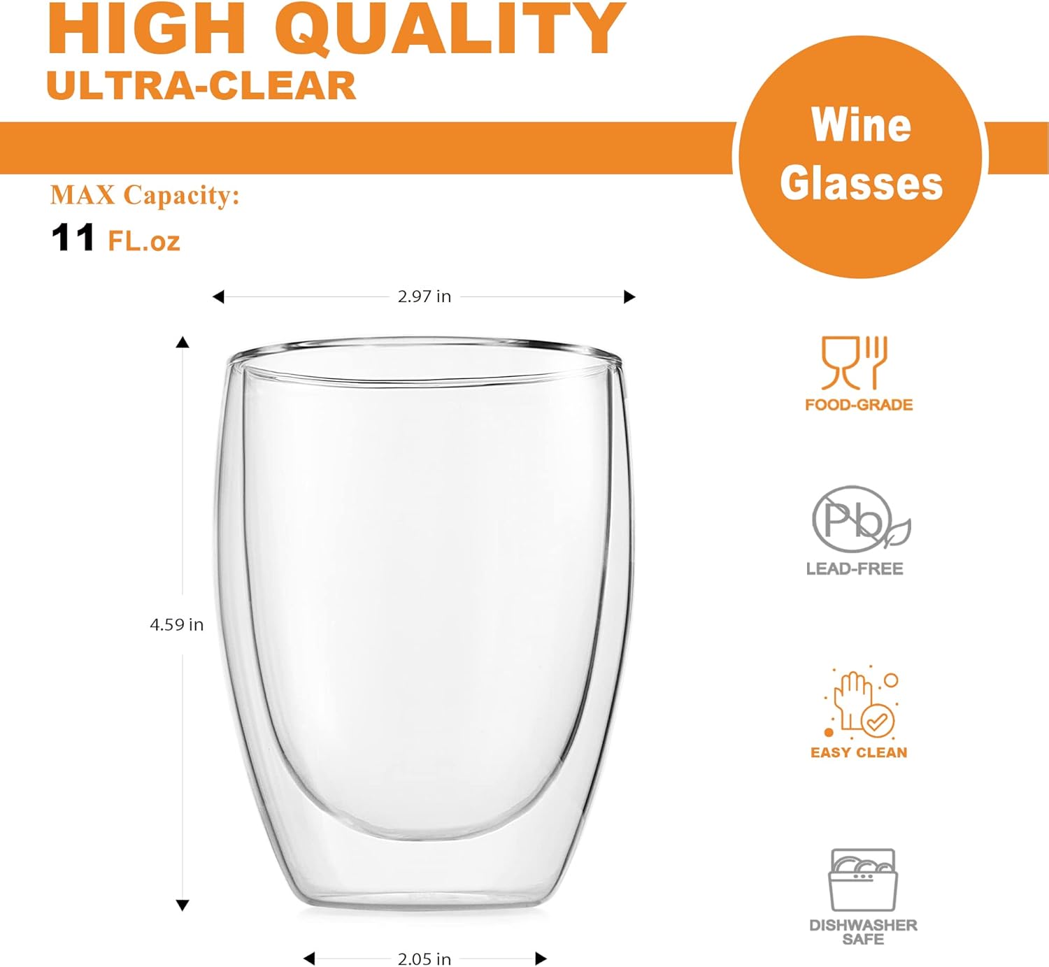 LUXU Copas de vino sin tallo de doble pared (paquete de 4) de 11 onzas, tazas de té de café con capa aislada, taza de vidrio de doble pared, copas