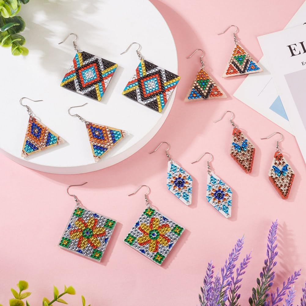 Boutigem Juego de 6 pares de aretes de pintura de diamante 5D Boho Hand Mosaic Art Earring Mandala Crystal Rhinestone Pendientes colgantes de doble
