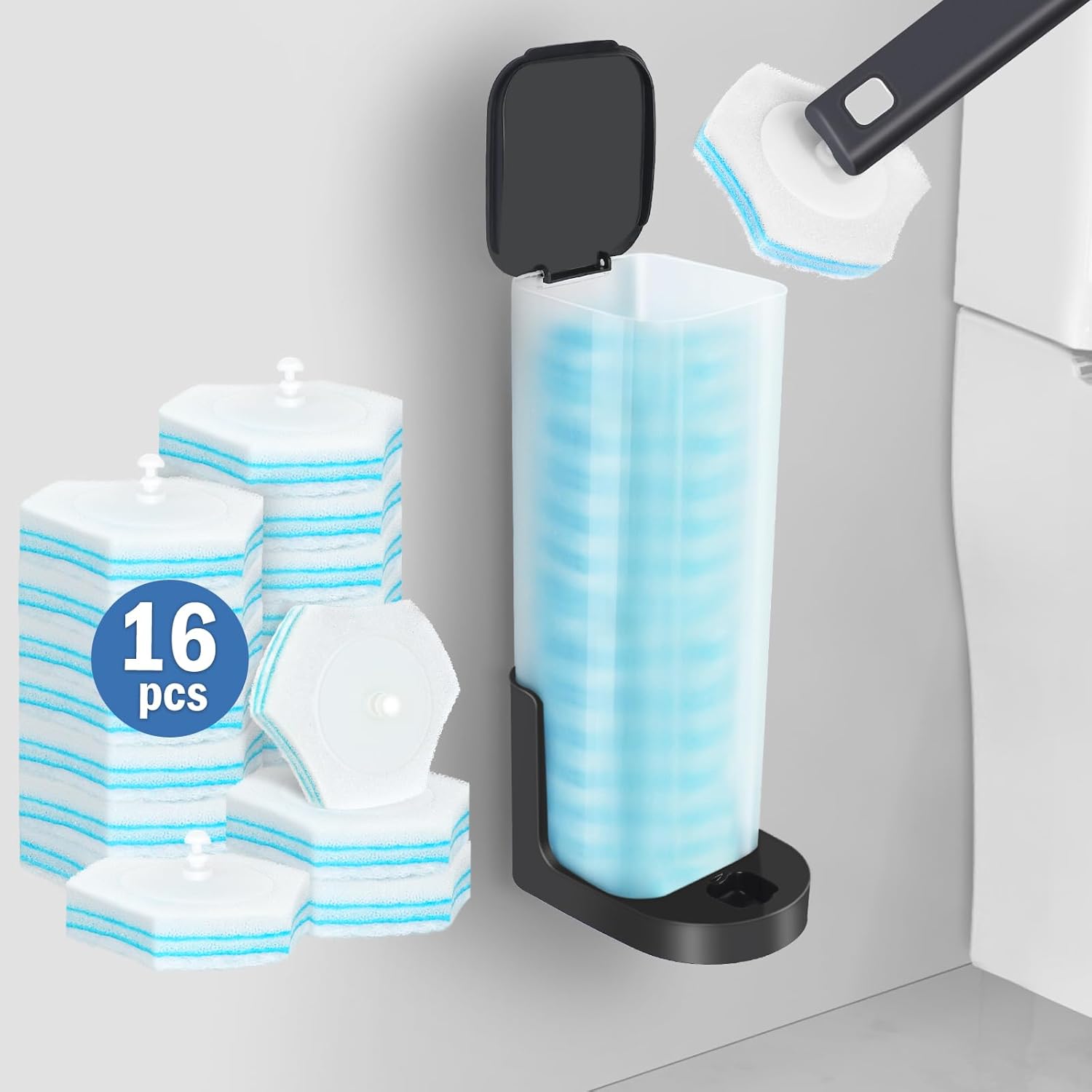 squish Kit de limpieza de cepillo de inodoro desechable con 16 repuestos, cepillo de inodoro montado en la pared sin adhesivo de perforación, kit de