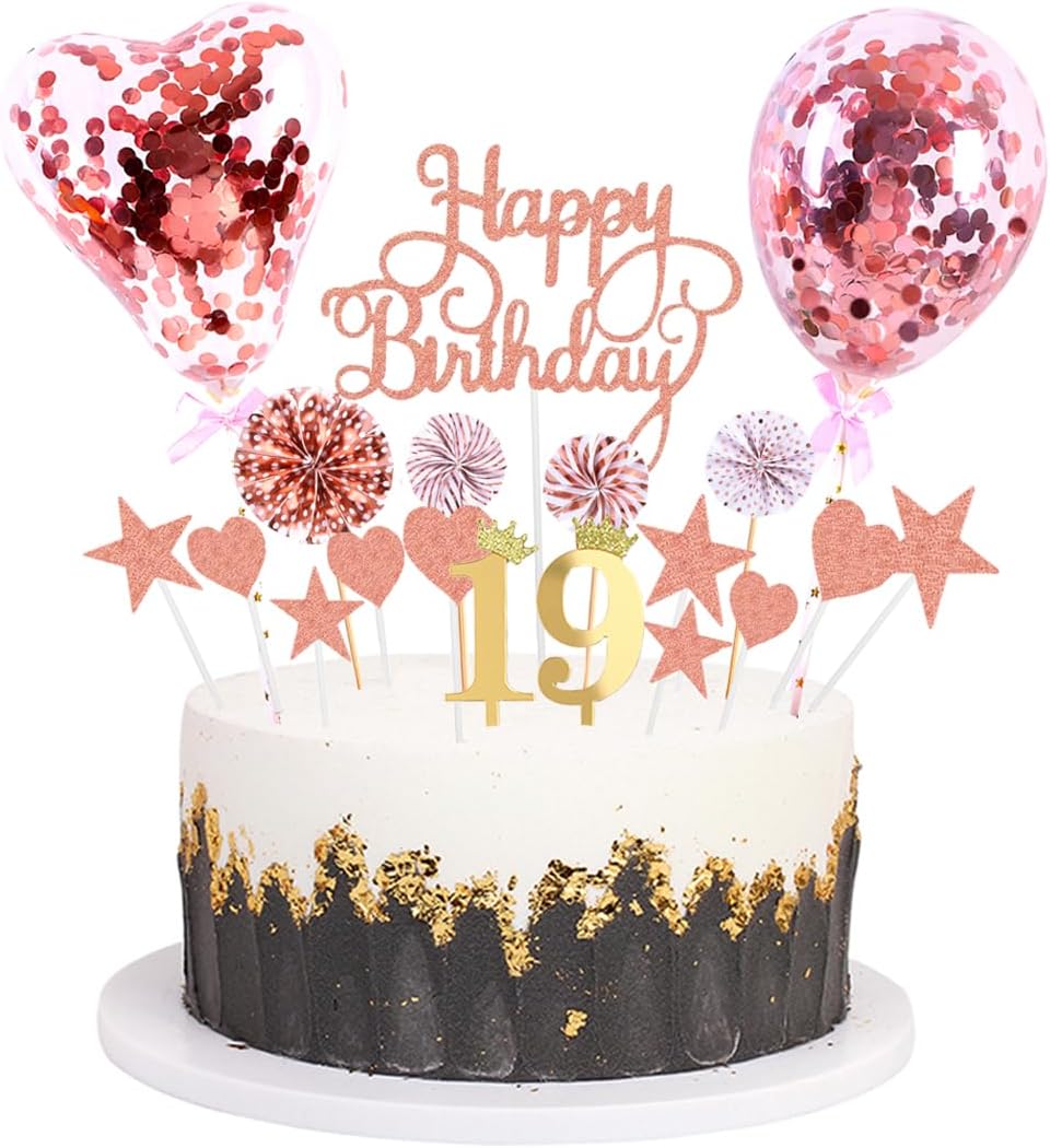 Decoración de pastel de cumpleaños rosa con purpurina acrílica para decoración de pastel de cumpleaños 19 con globos de confeti, abanicos de papel,