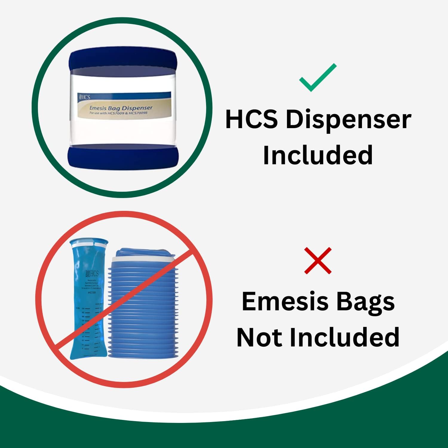 HCS – Dispensador de bolsas de emesis  Capacidad para 24 bolsas de Emesis HCS  Montaje en pared, incluye anclajes y tornillos  No incluye bolsas de