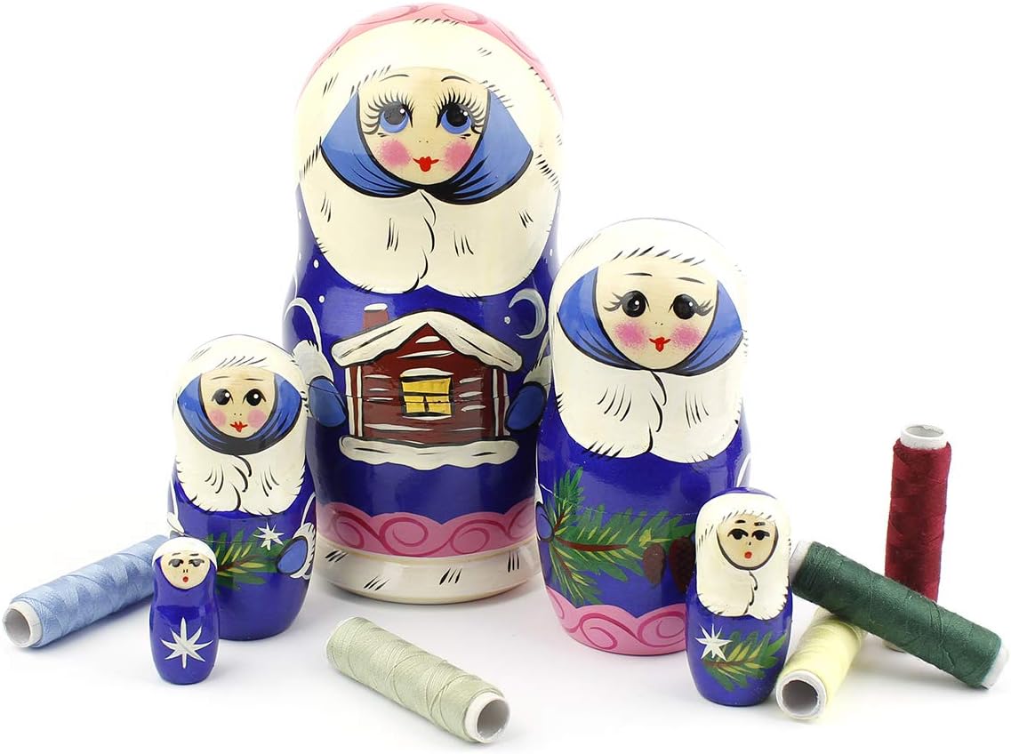 Heka Naturals Snow Maiden Nesting Dolls  All Natural Wooden Matryoshka Doll Set of 5 (7 Inch) – Traditional Babushka Home Decor, Wooden Stacking
