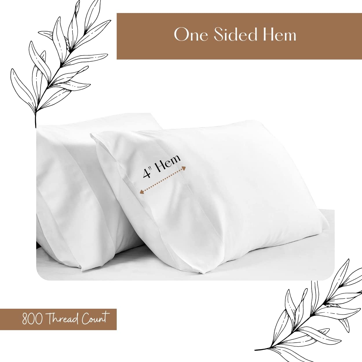 Juego de 2 fundas de almohada de 800 hilos, 100 % algodón, dobladillo superior de 4 pulgadas, funda de almohada de algodón de fibra larga, acabado