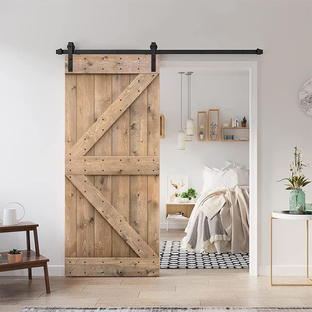 34 pulgadas x 84 pulgadas. Serie K – Puerta corrediza interior de madera teñida de color marrón claro con kit de herramientas