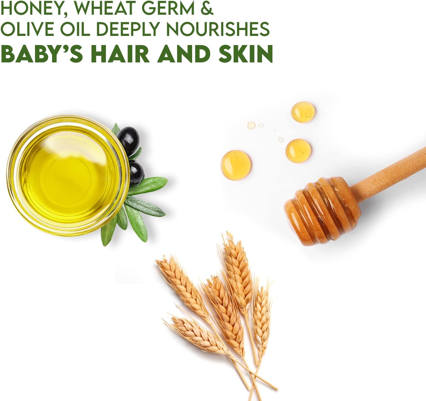 Care 3 en 1 Baby Shampoo, enriquecido con miel, germen de trigo y aceite de oliva orgánico, nutre el cabello del bebé con una fórmula suave y sin