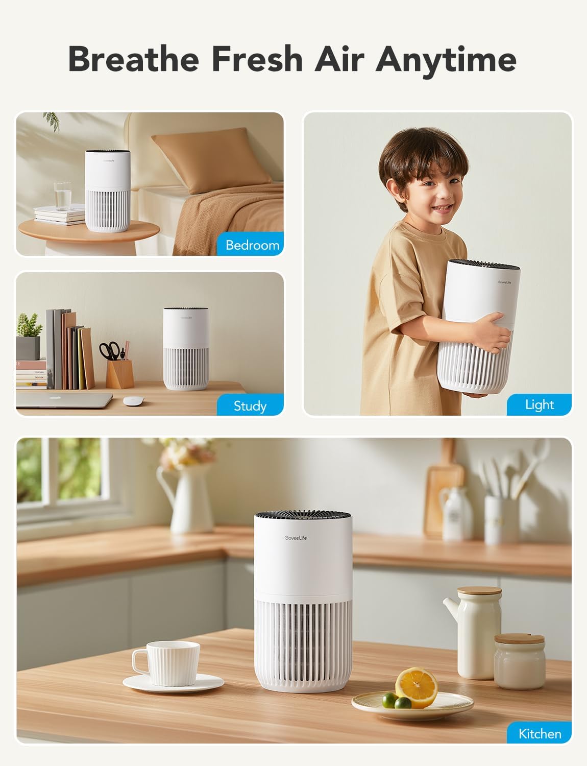 GoveeLife Mini purificador de aire para dormitorio, filtro inteligente HEPA purificador de aire con aplicación Alexa Control para pelo de mascotas,