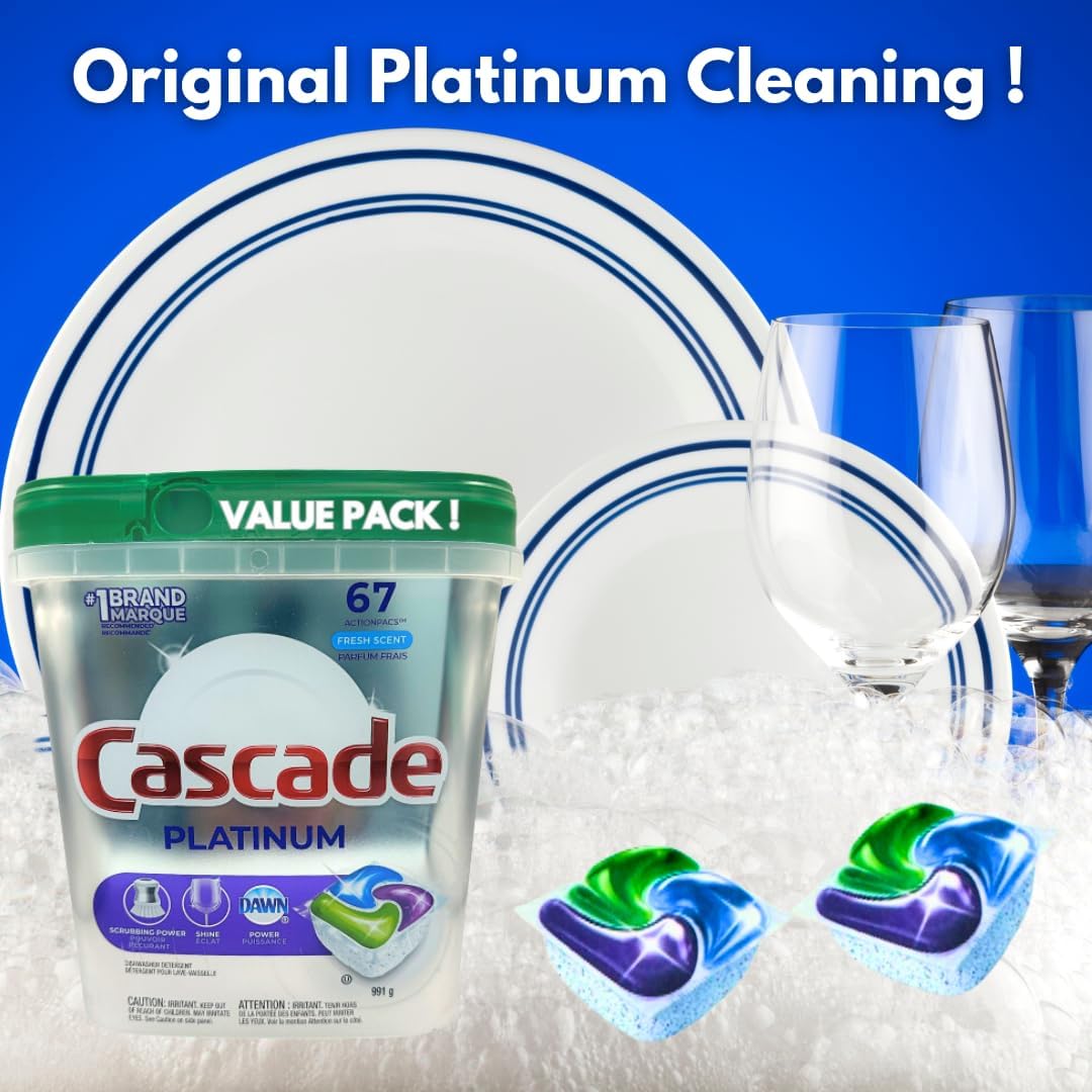 Cascade Platinum Cápsulas de detergente para lavavajillas, aroma fresco, paquete de 67 unidades para platos limpios y brillantes