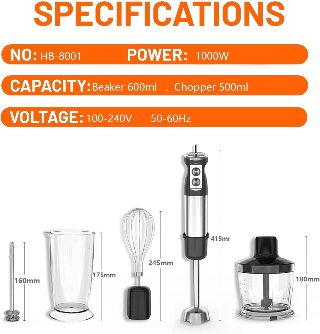 Licuadora de inmersión, licuadora de mano 5 en 1 de 1000 W, 12 velocidades y licuadora de mano de acero inoxidable Turbo con batidor, vaso de