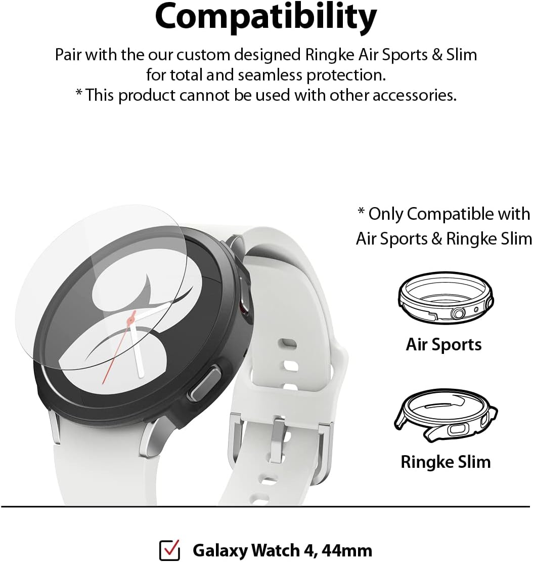 Ringke Vidrio para deportes aéreos paquete de 4 compatible con Samsung Galaxy Watch 4 1.732 in, protector de pantalla de vidrio templado dureza 9H