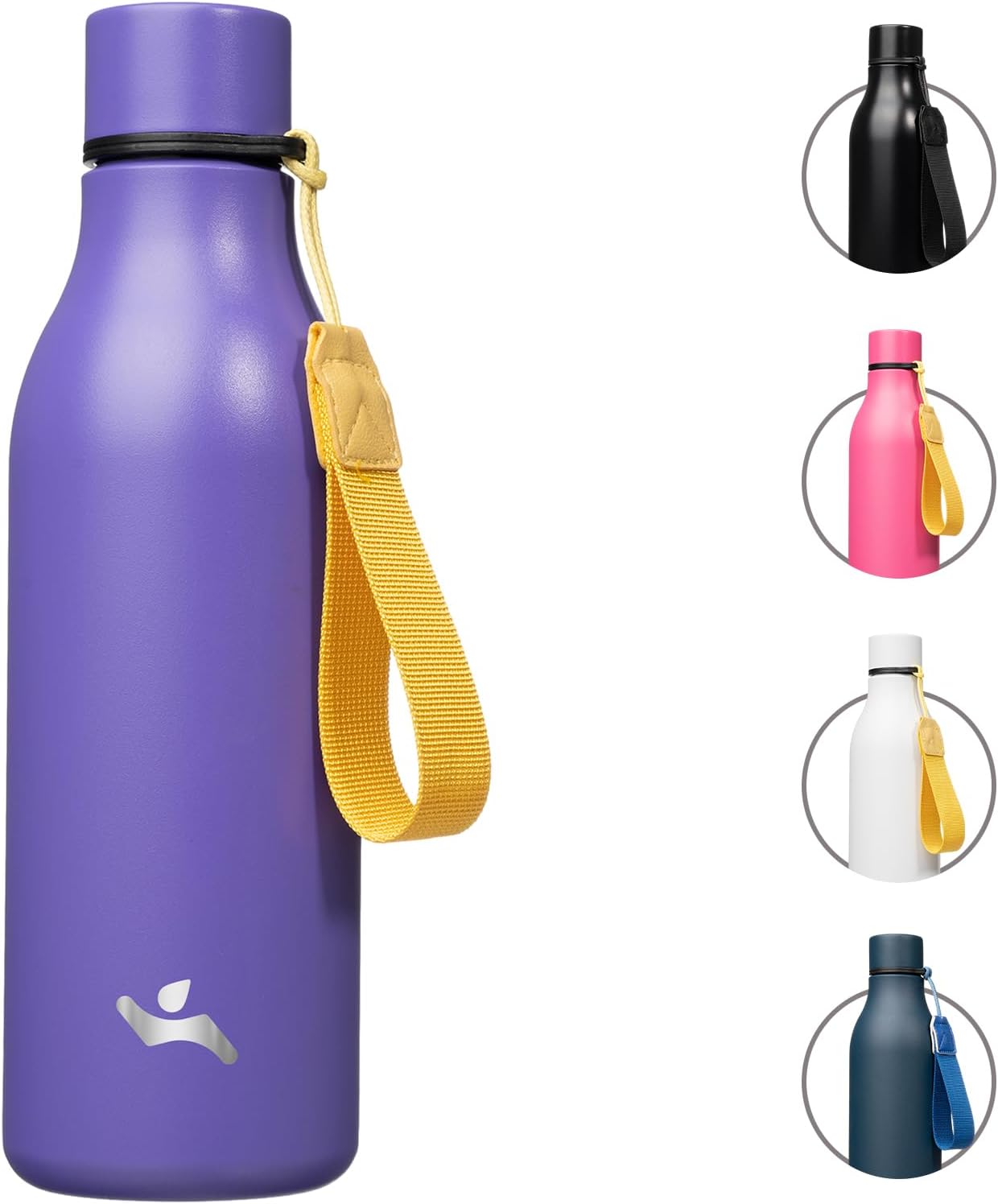Botella de agua aislada con correa, botellas de acero inoxidable de doble pared de 18 onzas, botella de agua de metal, morado
