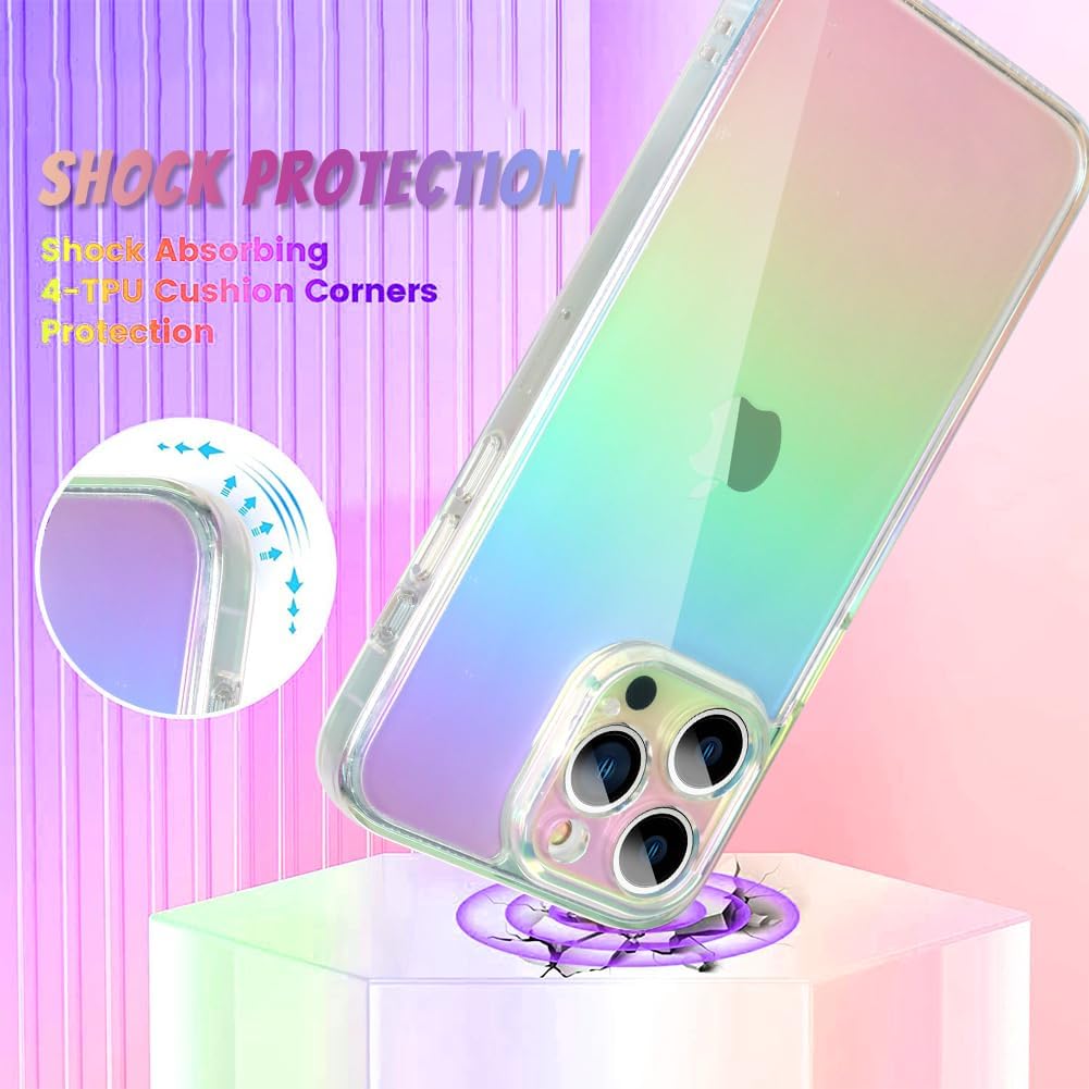 Bonoma Funda compatible con iPhone 15 Pro Max, funda de lujo con cristal iridiscente florescente con cristales iridiscentes, protector de cámara + 2