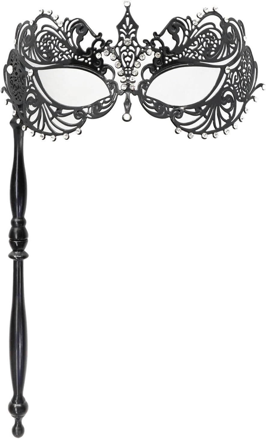Thmyo Máscara veneciana de fiesta de Mardi Gras de Halloween con palo de sujeción, máscara de mano con plumas de metal y diamantes de imitación