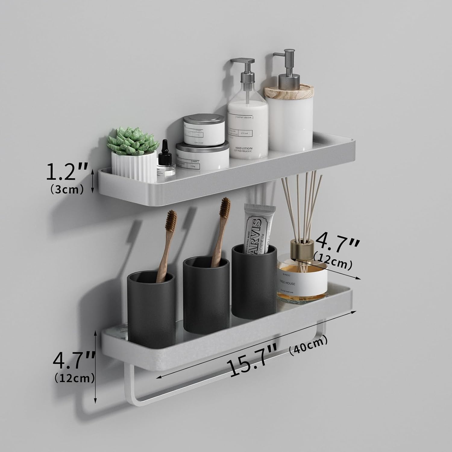 Bathroom Shelf Glass Bathroom Shelves Wall Mounted Rectangular Floating Shelves for Wall Decor Bathroom Organizer Matte Silver Set