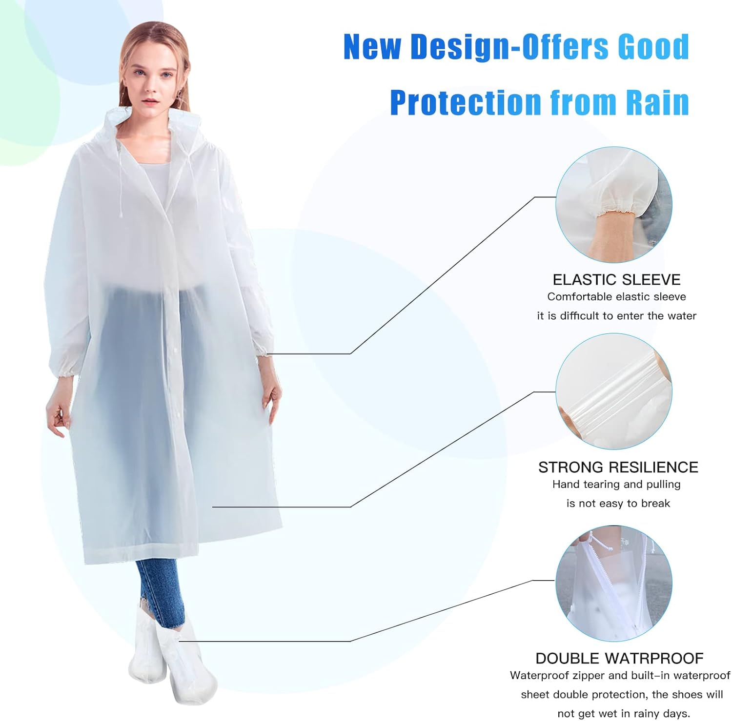 Ponchos de lluvia para adultos, ponchos para adultos con fundas impermeables para zapatos, abrigos de lluvia reutilizables con capucha y mangas,