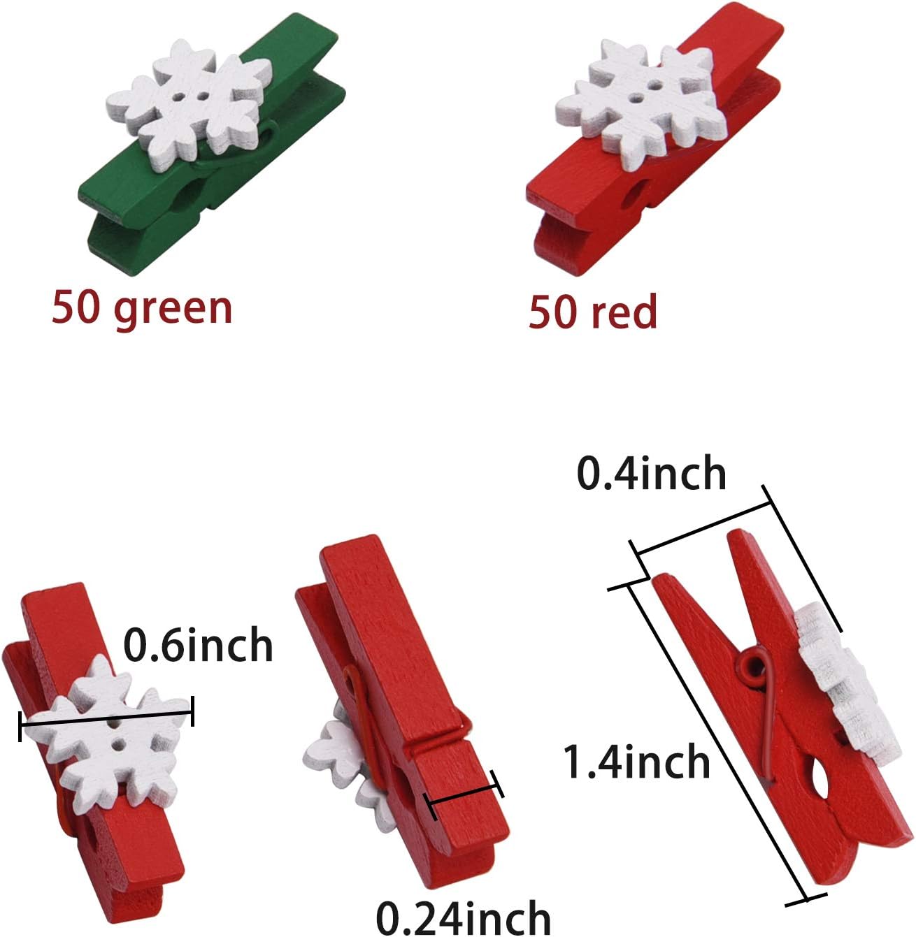 Clips de Navidad, 100 pinzas de madera de copo de nieve, pinzas rojas y verdes para decoraciones de fiesta de Navidad