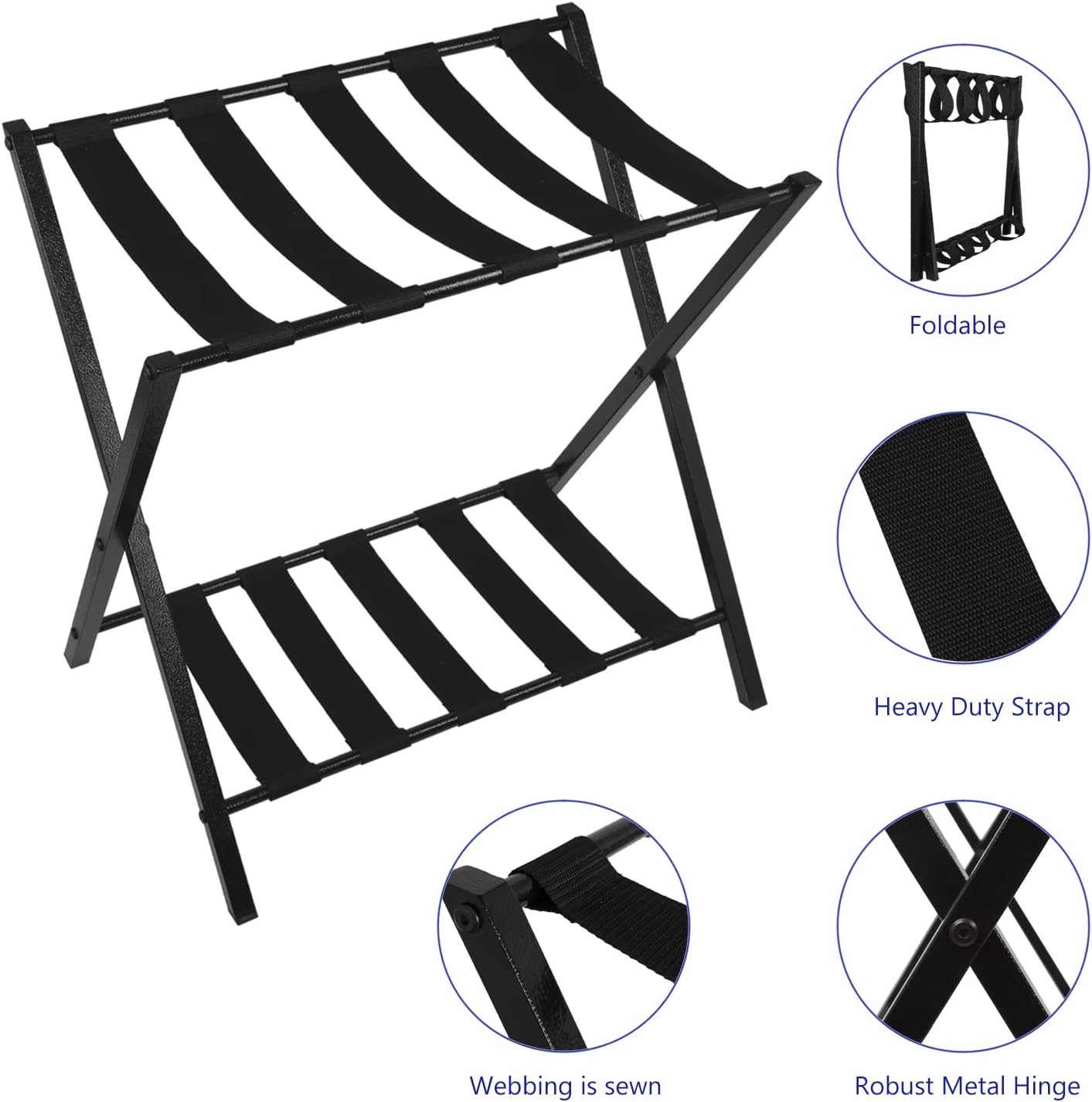 Portaequipajes plegable con estante de almacenamiento para habitación de invitados, dormitorio, hotel, negro (1)