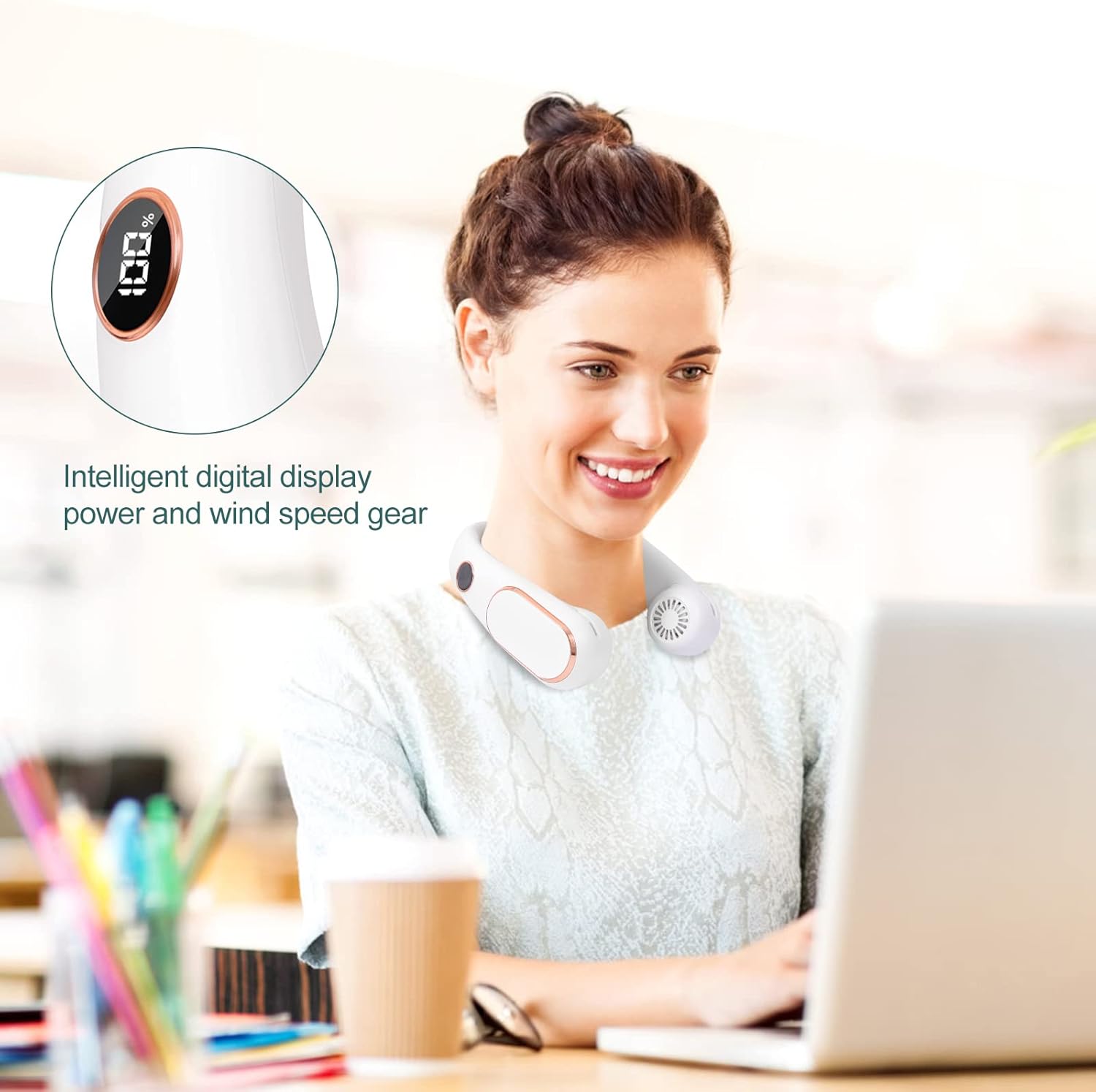 RILLKRN Ventilador de cuello, ventiladores de cuello portátiles recargables con pantalla LED, ventilador de cuello sin aspas con viento fuerte para
