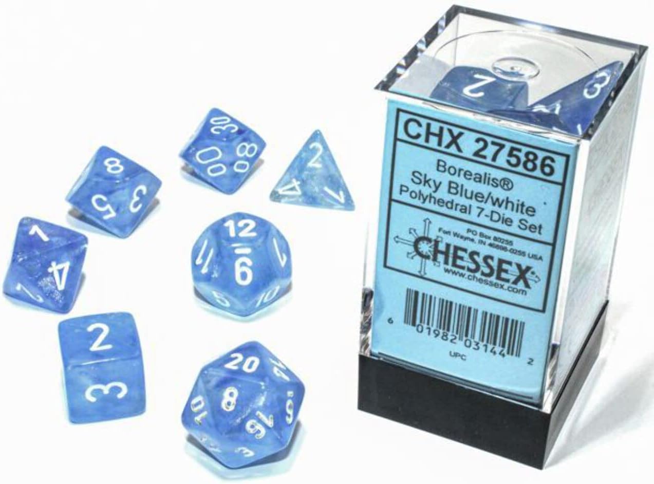 Chessex Juego de 7 troqueles poliédricos – Boreal azul cieloblanco con luminaria 27586 (CHX27586)