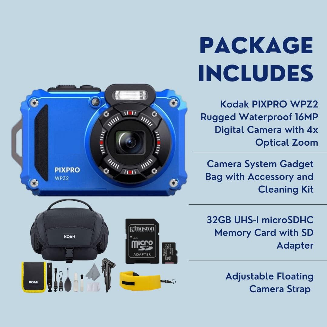 Kodak PIXPRO WPZ2 – Cámara digital resistente al agua de 16 MP con zoom óptico 4x (azul) paquete con bolsa Koah Nostrand Gadget, correa flotante