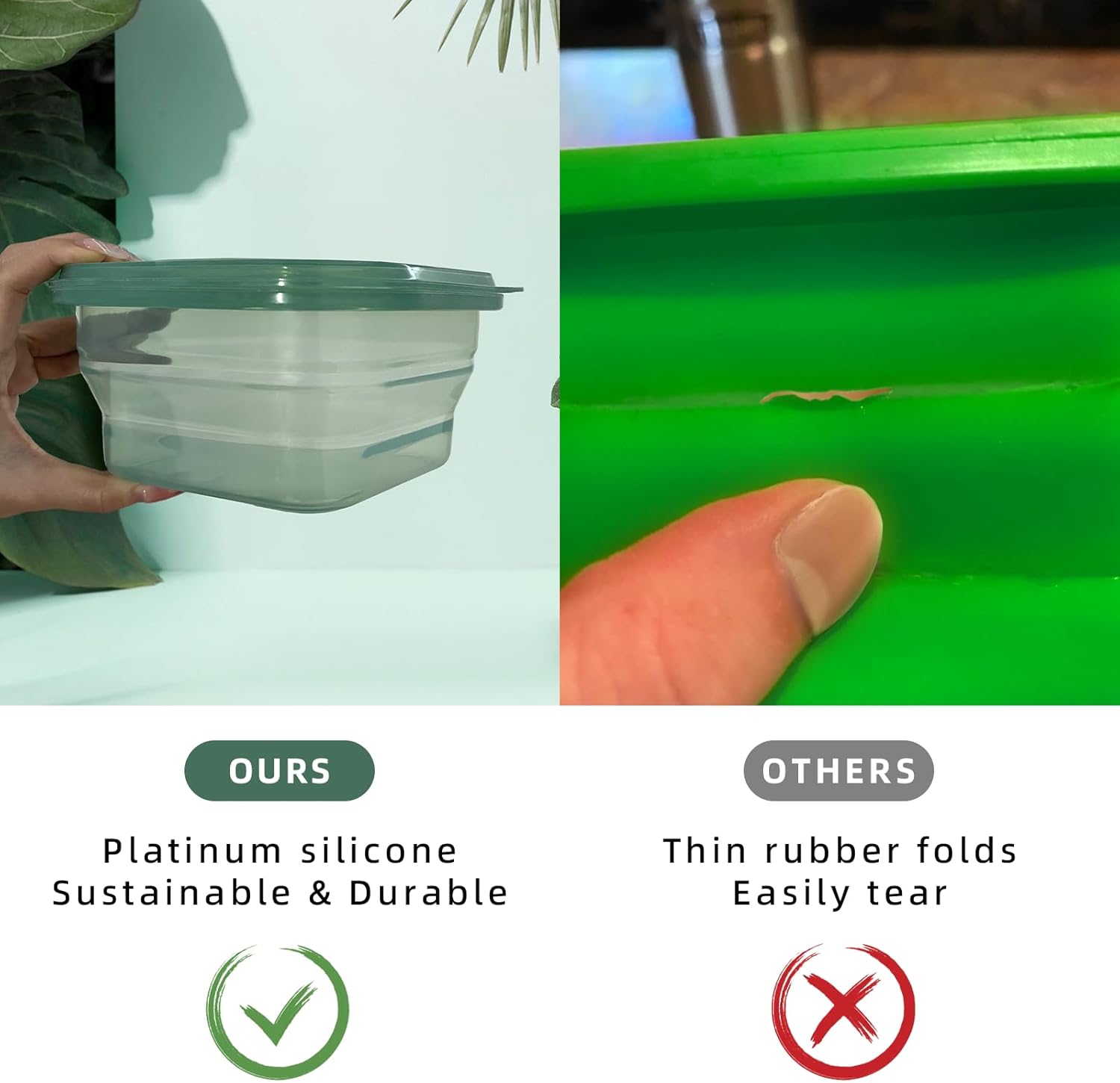 KVK Recipientes plegables de silicona para almacenamiento de alimentos con tapas herméticas de silicona sin bisfenol A (BPA), cuadradas,