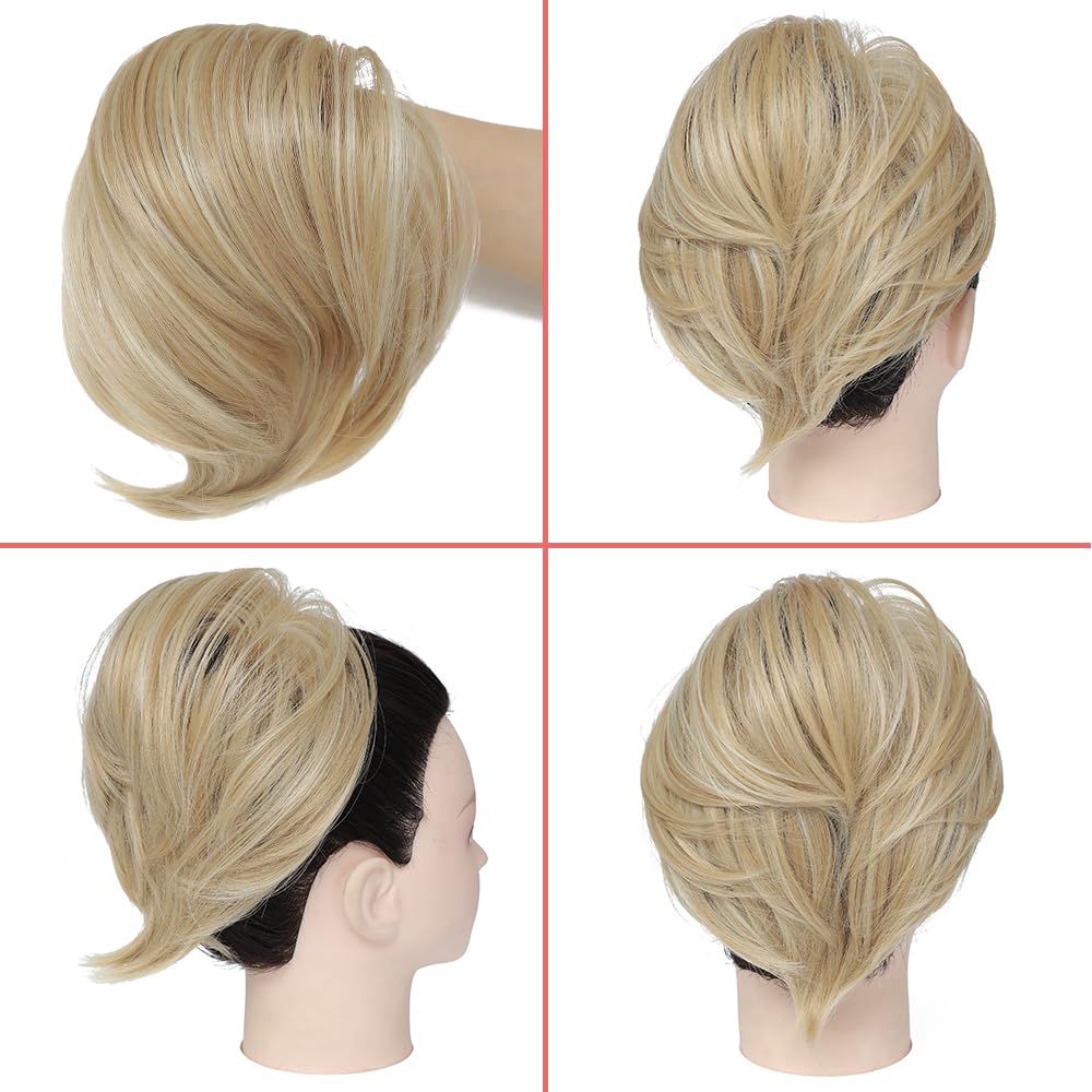 KETHBE Extensiones de pelo sintético corto para cola de caballo, banda elástica de goma para mujeres (CZ-rubio fresa, mezcla de rubio)