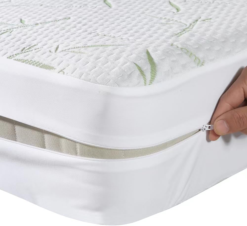 BUBBESHEEP Protector de colchón de bambú con cremallera de 360, 100% impermeable, funda de colchón de alta elasticidad, suave, seguro, transpirable,