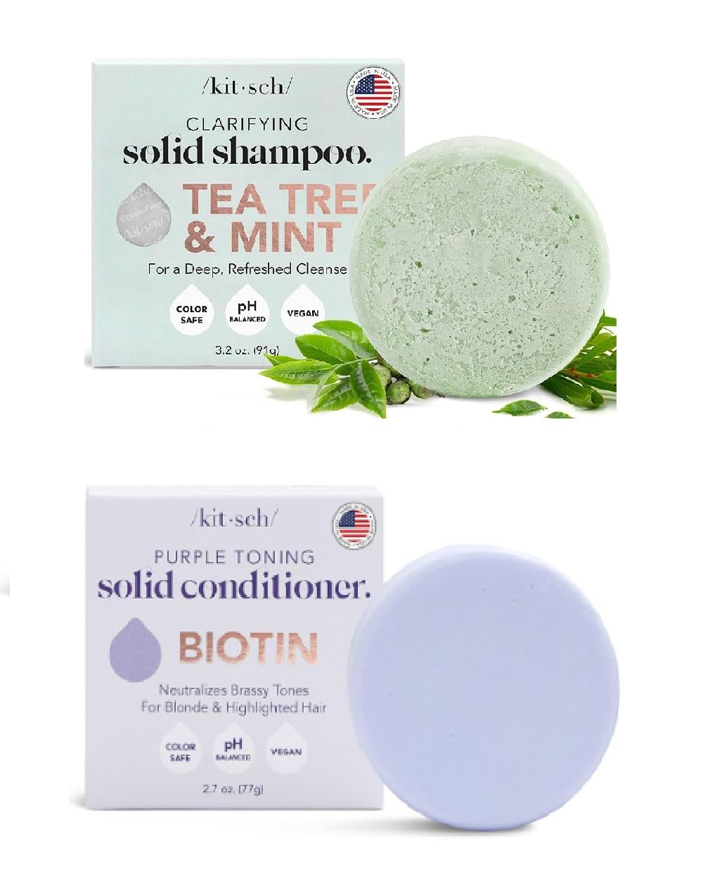 Kitsch Barra de champú de árbol de té y menta y barra de acondicionador púrpura para cabello rubio con descuento