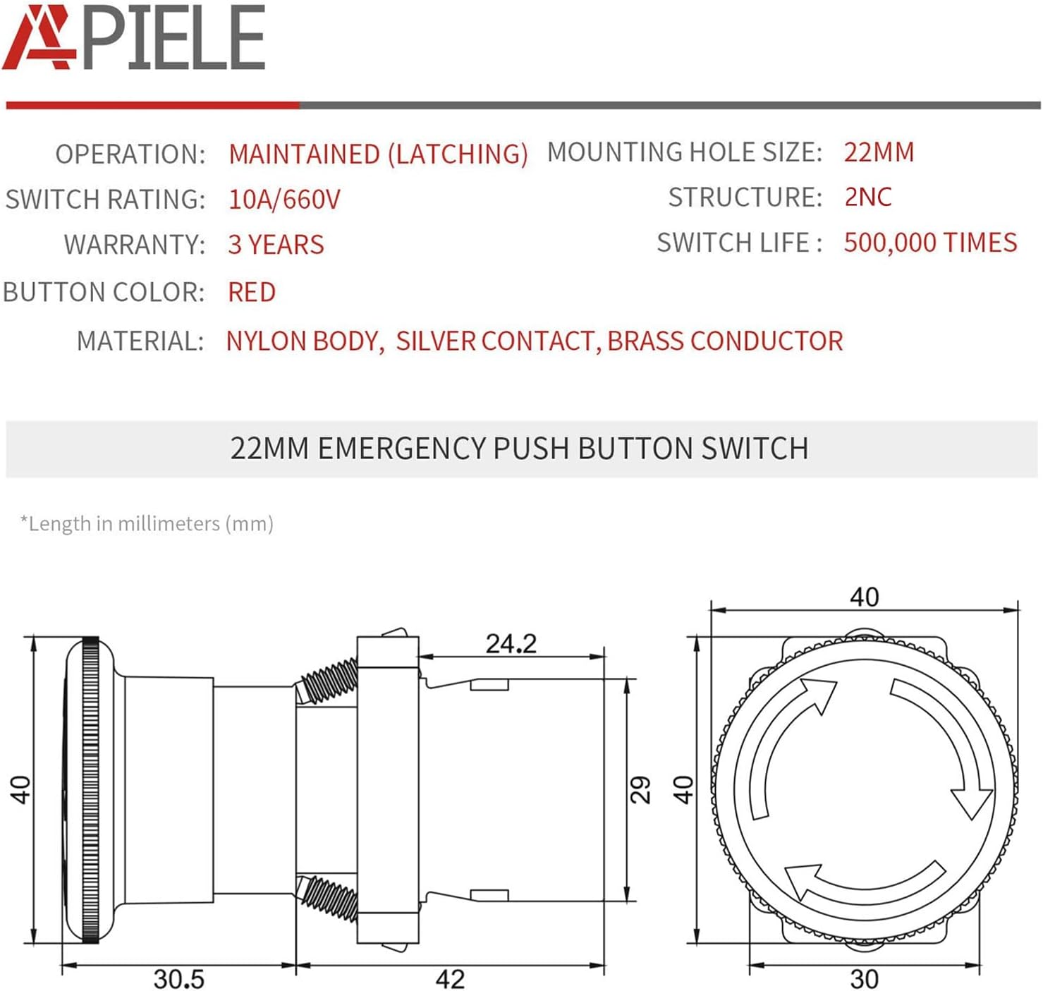 APIELE Interruptor de botón de parada de emergencia de 0.866 in 2NC de hongo rojo 600V 10 Amp XB2-02ZS